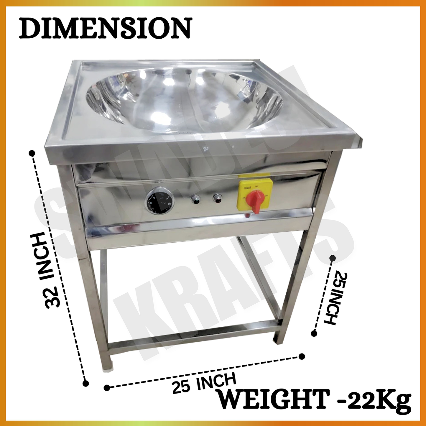 SWADESI KRAFTS Electric Kadai Commercial Stainless-Steel 202 Body With 3000 + 3000 Double Heater Commercial Fryer Electric Size 25”X25”X32” Inch (LXWXH) Used for Fry Like Samosa, Kachori