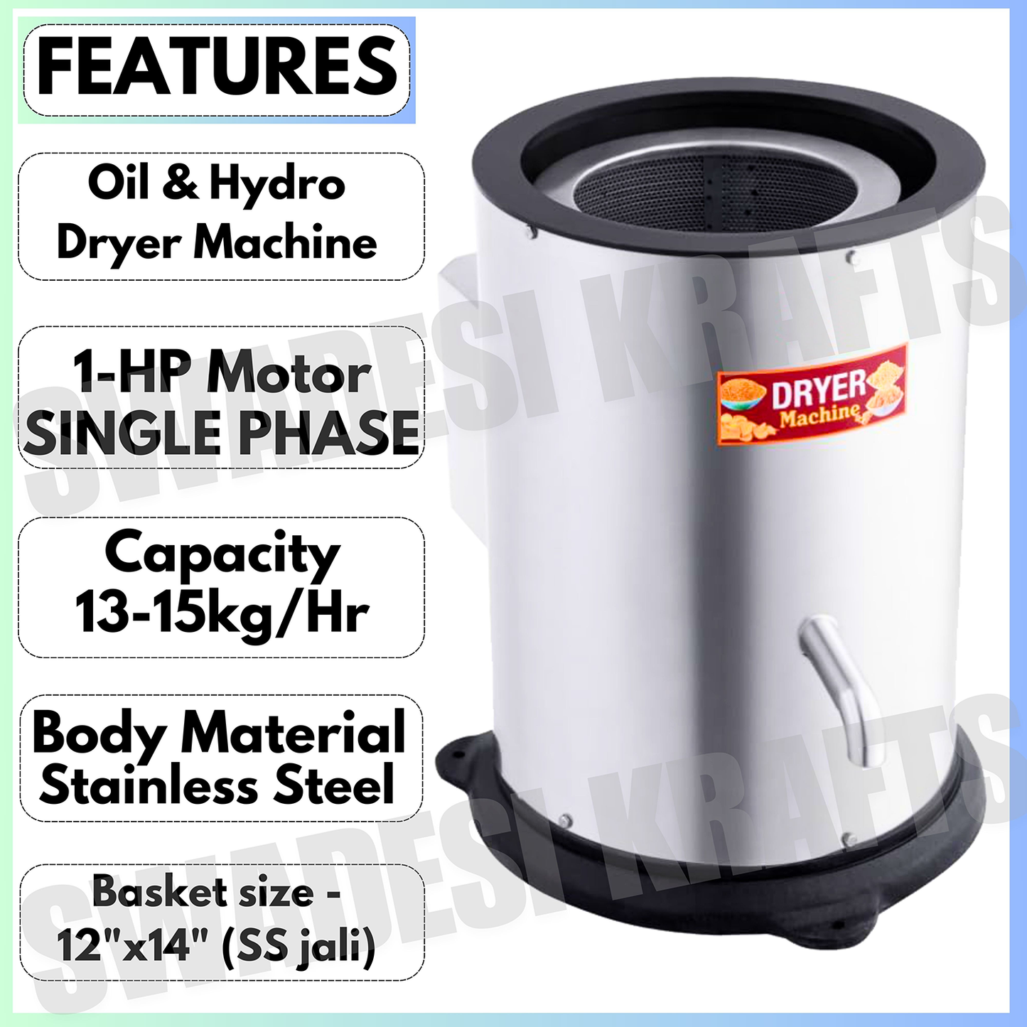 SWADESI KRAFTS Stainless Steel Oil Dryer Machine for Namkeen With 1hp Motor Remove Oil and Water from All Type Namkeen and Wafer | Snacks Dryer Machine for Snacks Capacity Is 15kg/Hr