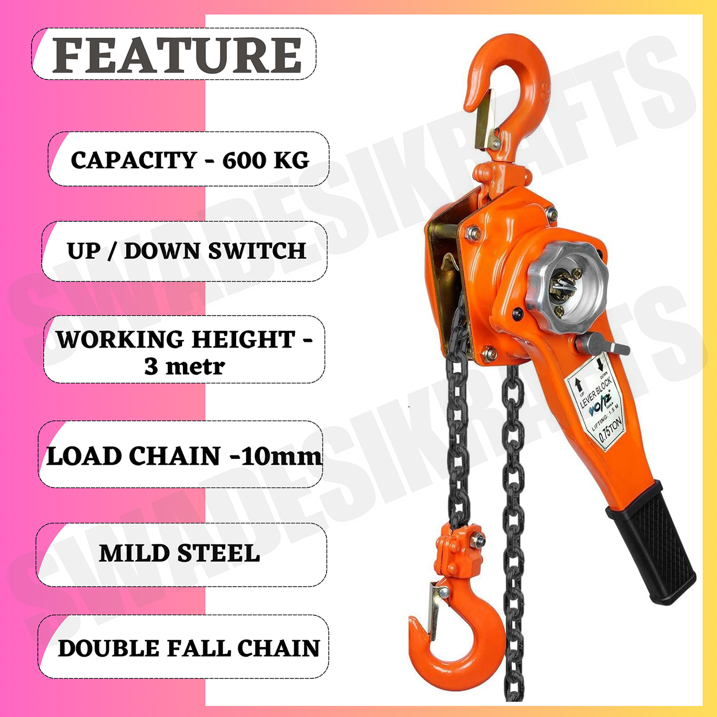 SWADESI KRAFTS Manual Ratchet Lever Hoist 6 ton Capacity HeavyDuty Single Fall Working Height 3meter Load Chain 10mm Chain hoist Lever Block Ratchet Puller Hoist with Overload Material Movement hoist