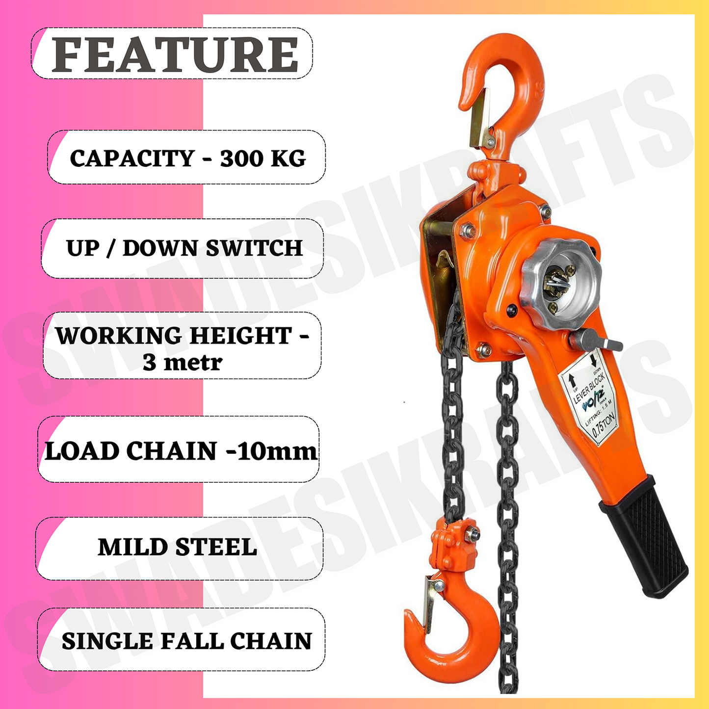 SWADESI KRAFTS Manual Ratchet Lever Hoist 3 ton Capacity HeavyDuty Single Fall Working Height 3meter Load Chain 10mm Chain hoist Lever Block Ratchet Puller Hoist with Overload Material Movement hoist