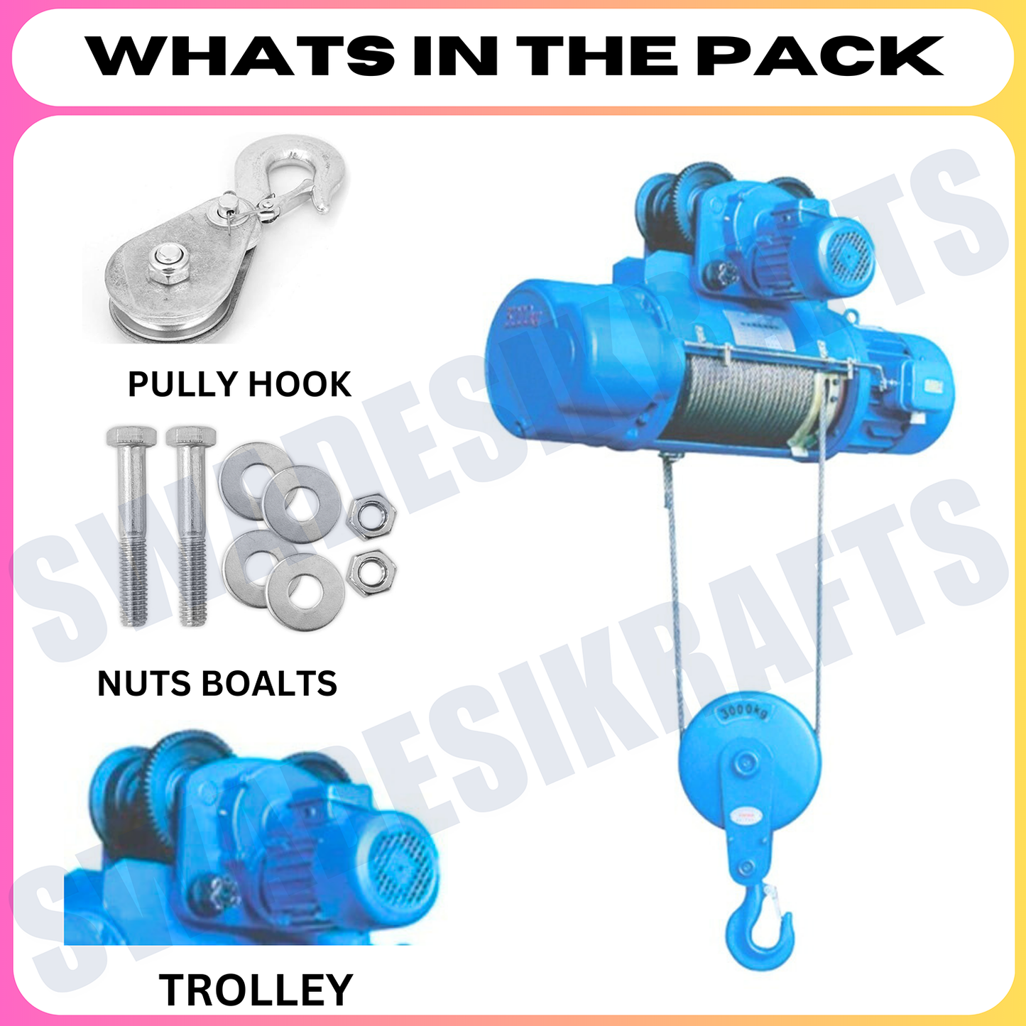 SWADESI KRAFTS CD 1Ton 8mm 9Mtr Wire Rope Hoist for Material Handling 3hp Main Motor three Phase | Winch Construction Mini Hoist 100% CT Copper Motor 0.5HP (Left & Right AND Up & Down)