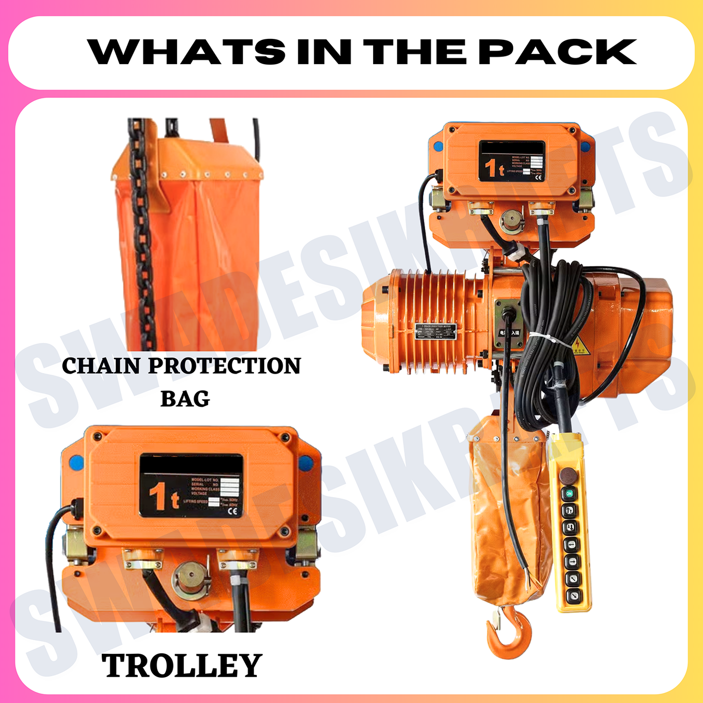 SWADESI KRAFTS 2HP Three Phase Electric Chain Hoist with Electric Trolley 2Ton Capacity Double Fall Working Height 6meter Load Chain 7.1mm Safe load 500-1000kg Lifting Speed3.4meter/min MotorizedHoist