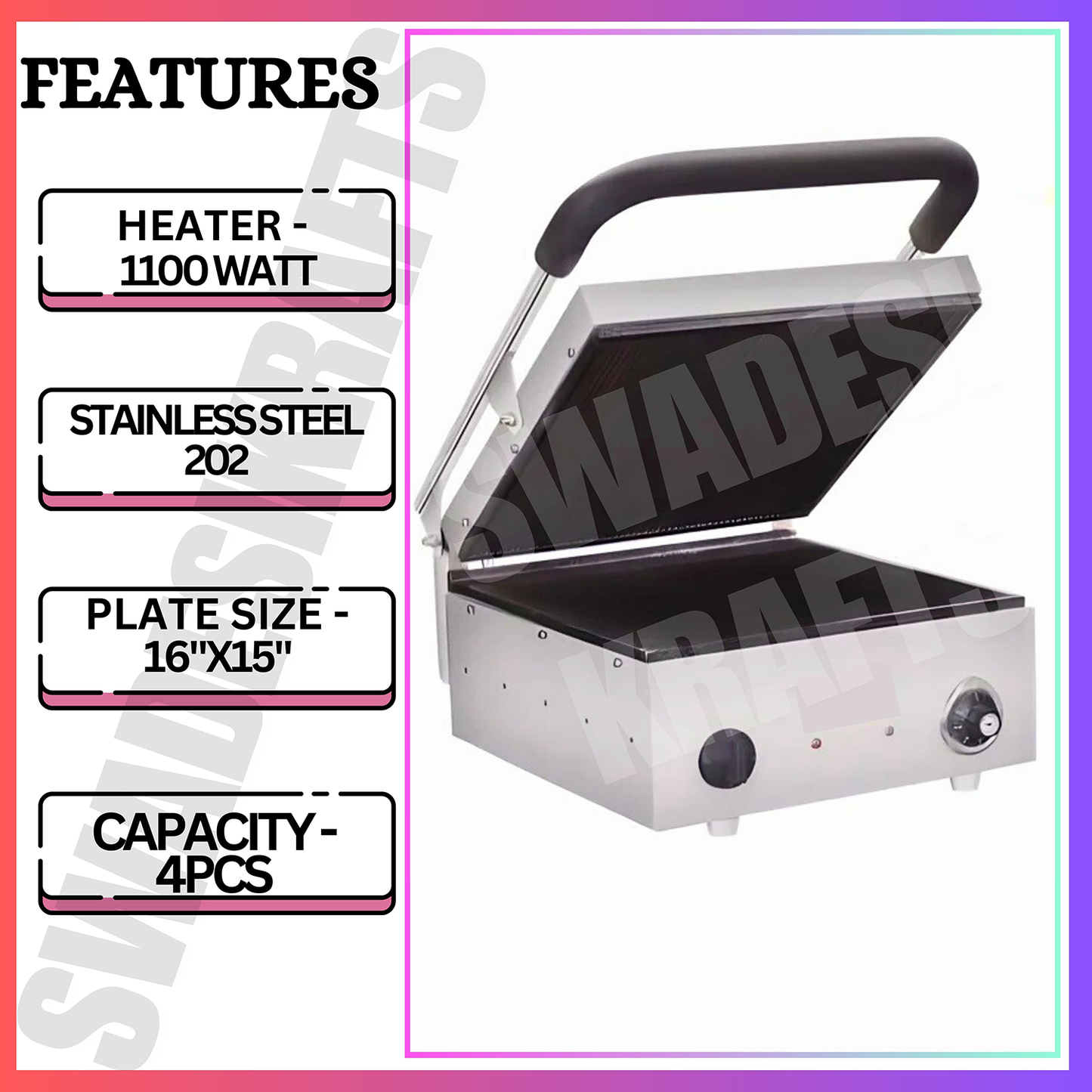 SWADESI KRAFTS Stainless Steel 202 Sandwich Griller Jumbo 1100-Watt 2 Heater| Jumbo Sandwich Grill Maker 16”X15” Inch 4pcs Sandwich | Size 20”X17”X11” Inch (LXWXH)