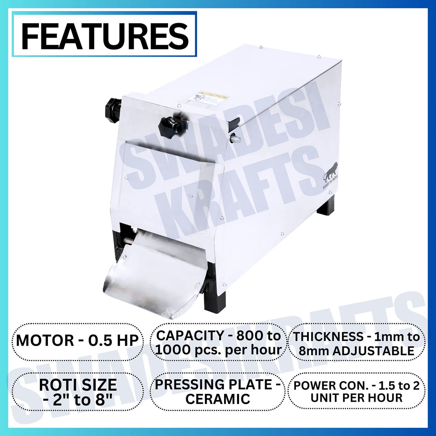 SWADESI KRAFTS Chapati Pressing Machine Stainless Steel Body with 0.5 Hp Motor Roti Pressing Machine Size 26”X14”X18” (LXWXH) Used for Preparation of Chapatis