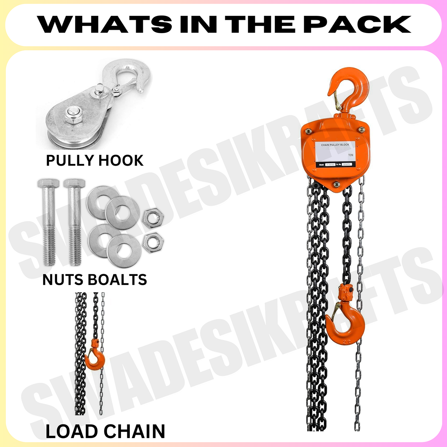 SWADESI KRAFTS VTSeries Chain Pulley Block 3ton Capacity Heavy Duty Double Fall Working Height 3meter Manual Hand Chain 5mm Load Chain 10mm Chain Block For Material Movement Hand Operating Chain Block