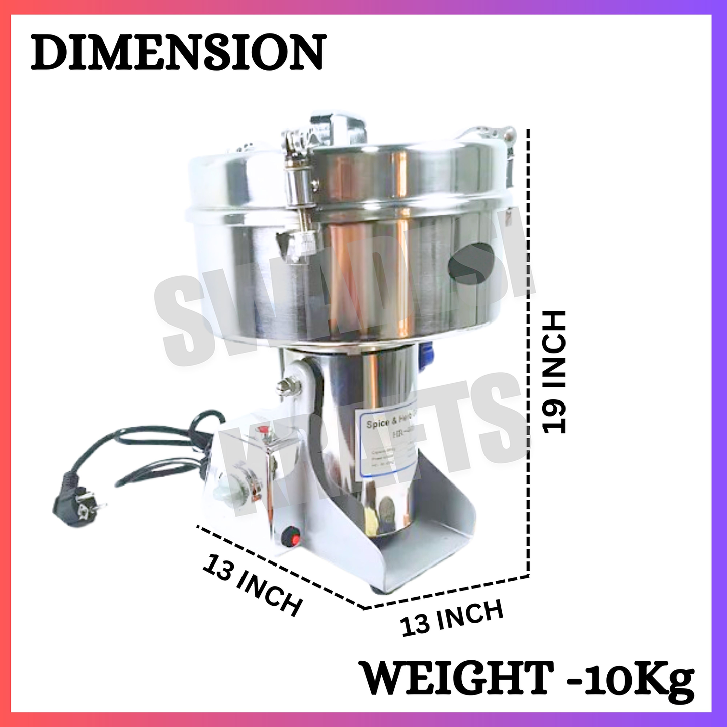 SWADESI KRAFTS Instant Masala Grinder Stainless Steel Body with 5000-Watt Motor Commercial Spice Grinder Size 13”X13”X19” Inch (LXWXH) is Used to Grinding Spices