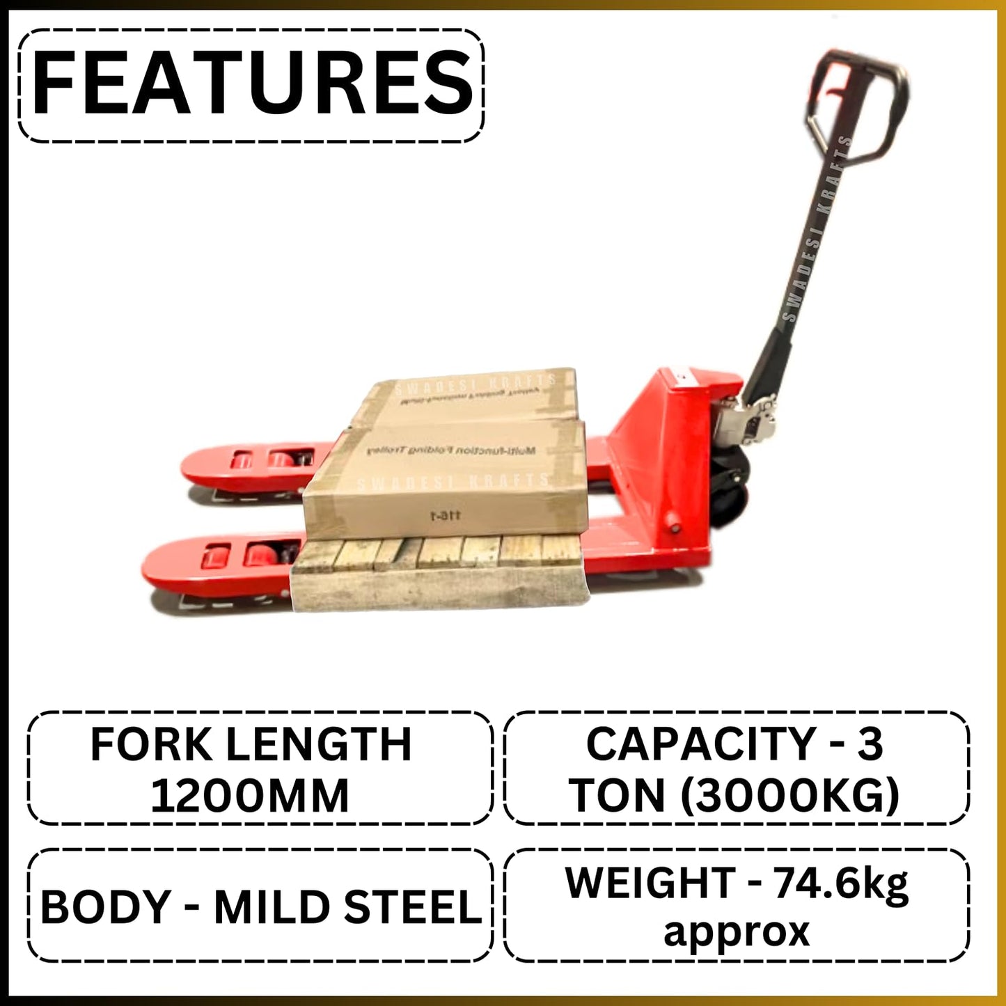 SWADESI KRAFTS Manual Mild Steel Hand Pallet Truck up to 3 Ton (3000kg) Manual Forklift P.U Wheel| Fork Length 1200mm X 685mm X 200mm is Used to Lift and Move Heavy Loads