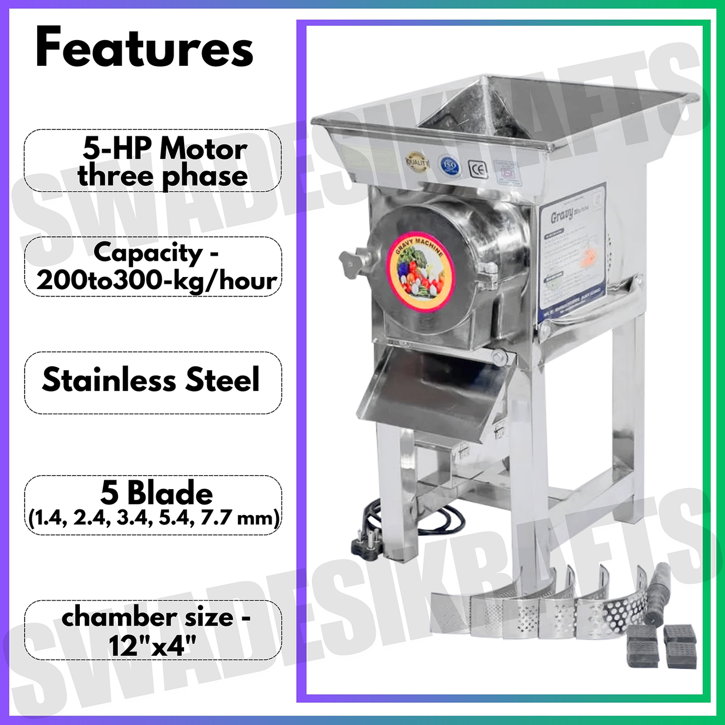 Swadesi Krafts Stainless Vegetable Gravy Machine with 5-Hp Motor | Gravy Machine for Hotel Industrial Machine for Wet Grinder Capacity-200kgHr. A6