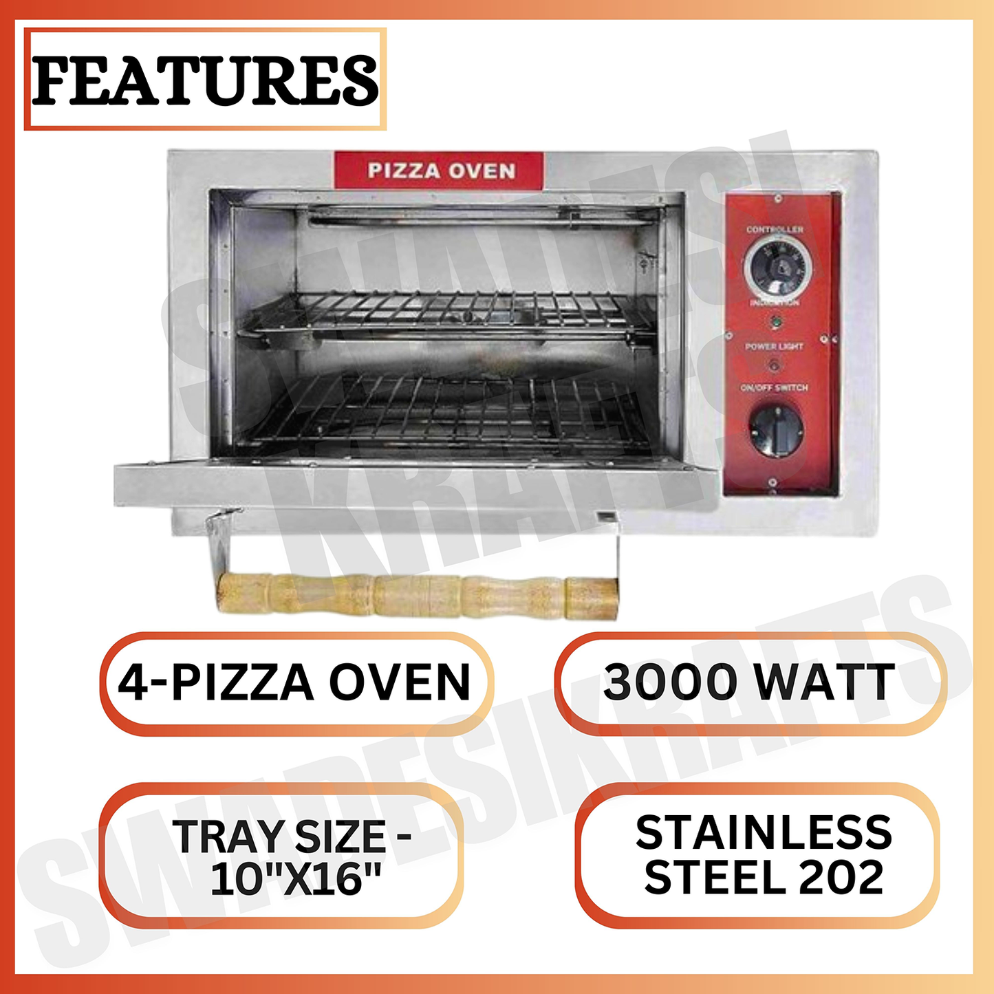 SWADESI KRAFTS stainless steel 202 pizza oven commercial use with 3000 watts, 10” x 16” inch, 4 pizza – 7-inch best pizza oven size 16”x27” inch (LXW) and 14” inch height, its use crispy up pizza