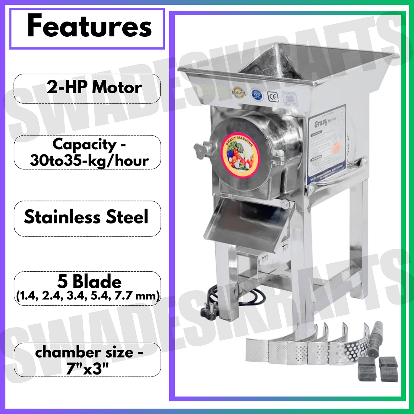 Swadesi Krafts Stainless Vegetable Gravy Machine with 2-Hp Motor | Gravy Machine for Hotel Industrial Machine for Wet Grinder Capacity-40kgHr. A2