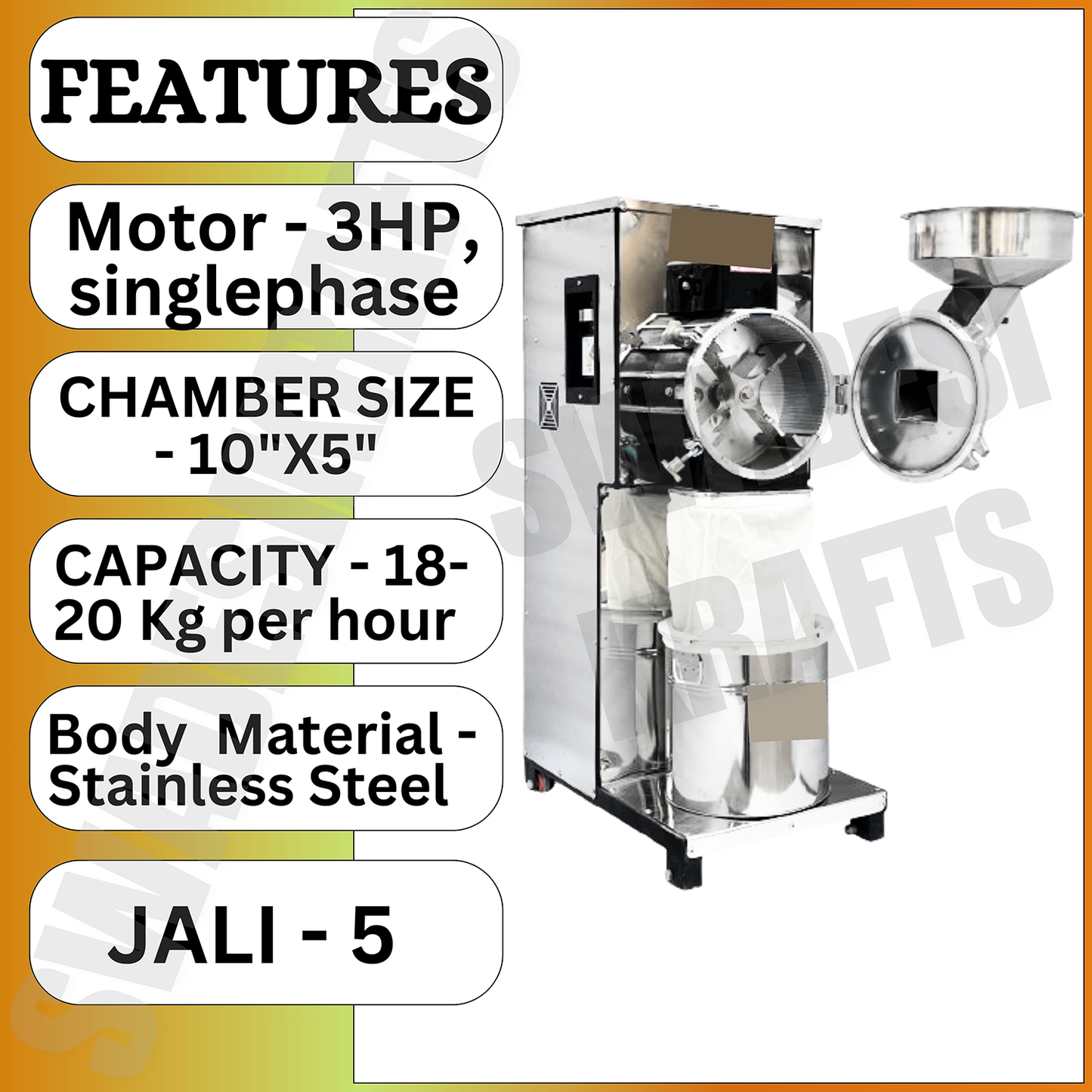Swadesi Krafts Pulveriser Machine 3 Hp Stainless Steel Body with 3 Hp Motor Single Phase Pulveriser Machine Size 23”X15”X41” Inch (LXWXH) with 5 Jali Used for Mill Grains Like Wheat, Rice, and Spices