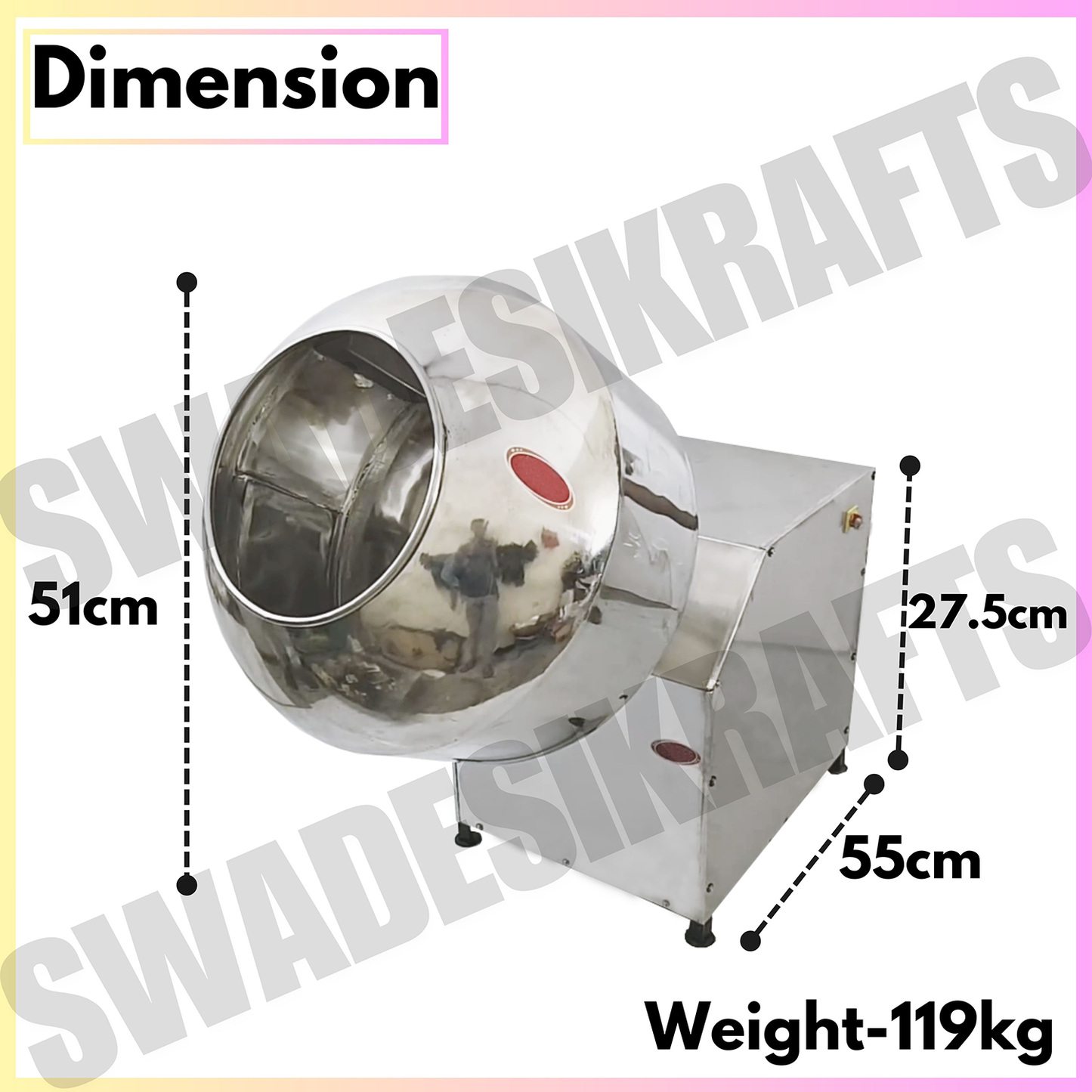 SWADESI KRAFTS Stainless-Steel Masala Coating Pan Machine With 1 Hp Motor | Chips Fryums Snacks Flavoring Machine D1
