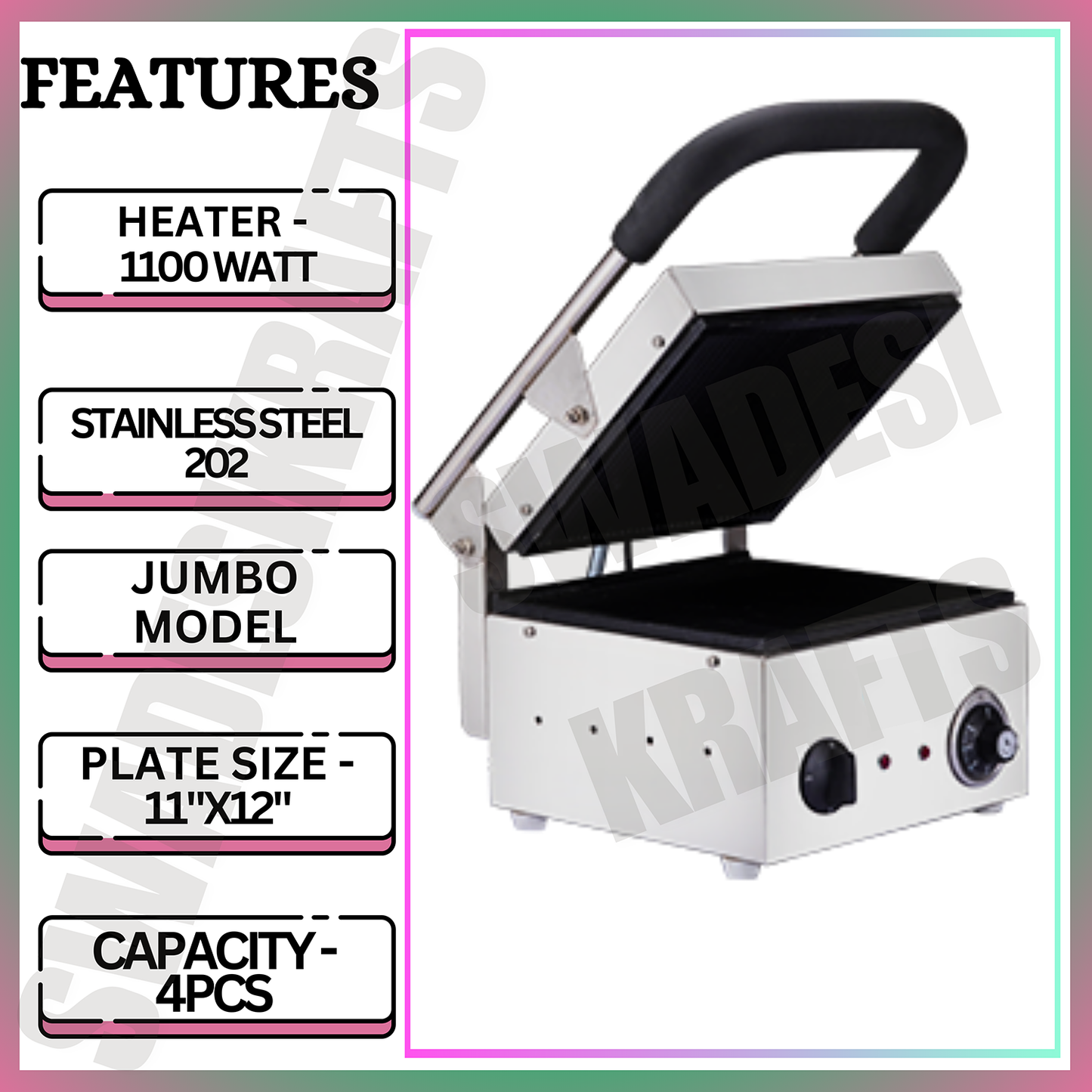 SWADESI KRAFTS Stainless Steel 202 Single Sandwich Griller 1100-Watt 2 Heater| Sandwich Grill Machine 11”X12” Inch 4pcs Sandwich |Size 18”X14”X10” Inch (LXWXH)
