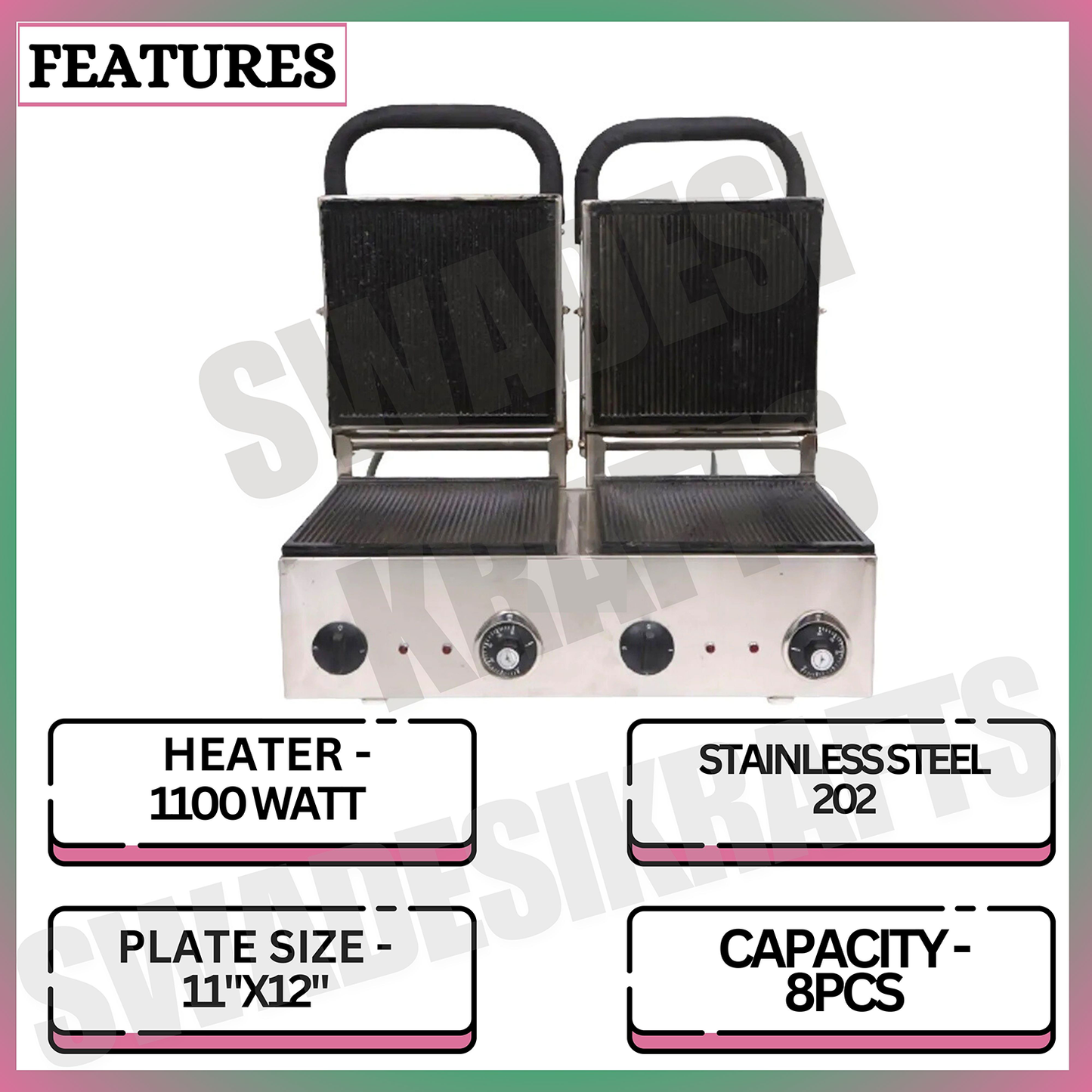 SWADESI KRAFTS Stainless Steel 202 Double Sandwich Griller 1100-Watt 4 Heater| Double Sandwich Maker 11”X12” Inch 8pcs Sandwich | Size 18”X25”X11” Inch (LXWXH)