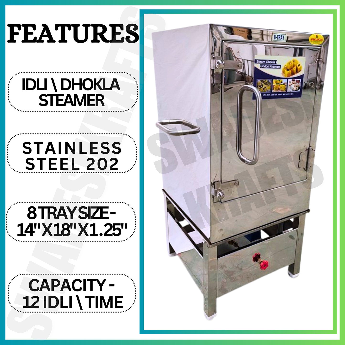 SWADESI KRAFTS Commercial Dhokla Maker with Steamer Stainless Steel Body With 8 Tray Size 14x18x1.25-Inch Idli Making Machine Commercial Size 23x24x44-Inch (LXWXH) Used For Idli and Dhokla Steamers
