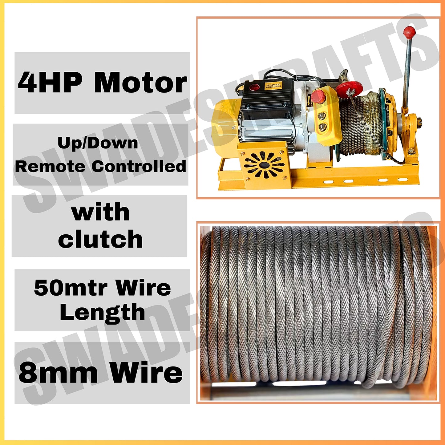 SWADESI KRAFTS Electric Mini Lifting Crane with 4HP Electric Motor with 2 Trolly | 8mm Wire Thickness | 50 Meter Length of the Wire and 95kg Frame | Mini...