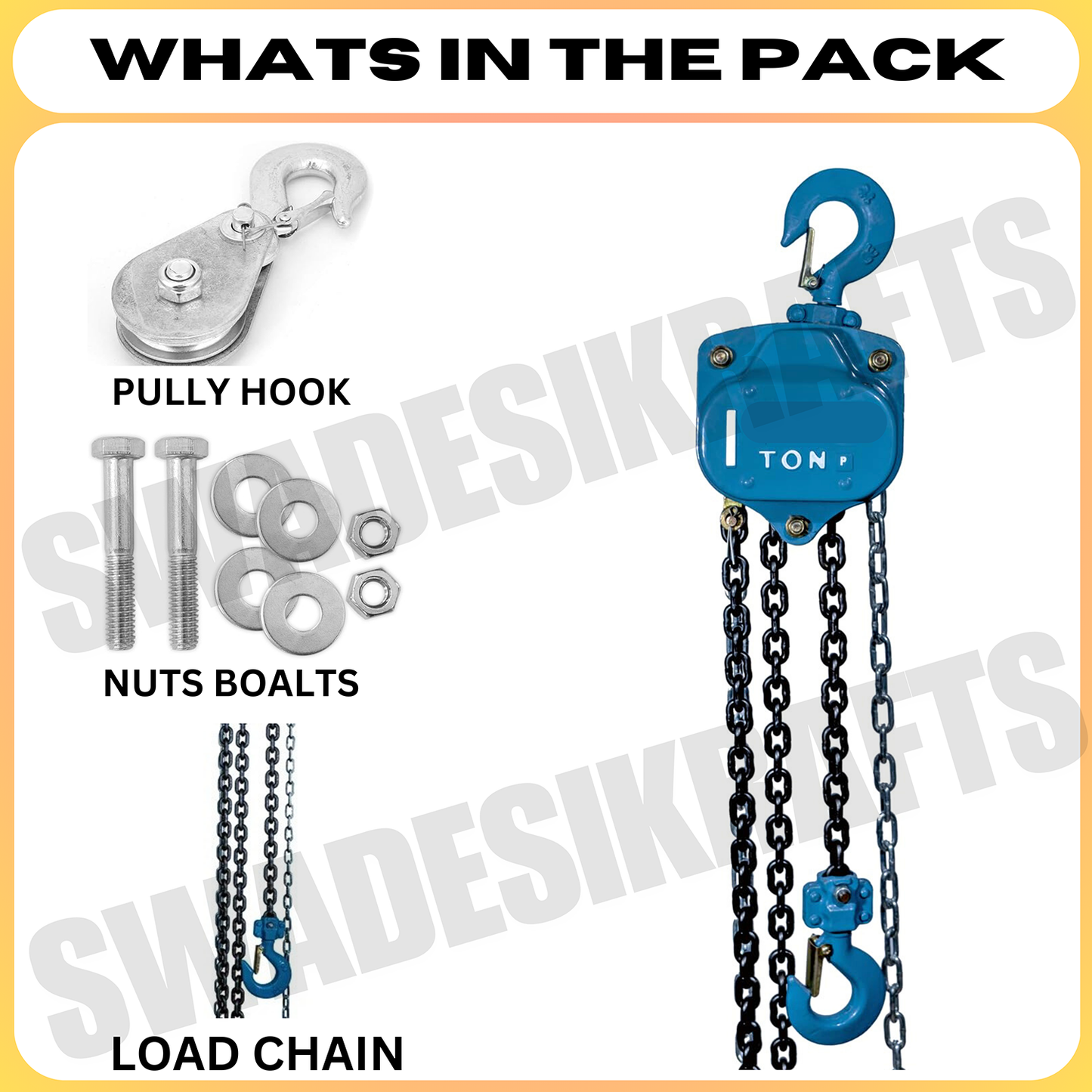 SWADESI KRAFTS P-Series Chain Pulley Block 5ton Capacity Heavy Duty Double Fall Working Height 3meter Manual Hand Chain 5mm Load Chain 10mm Chain Block For Material Movement Hand Operating Chain Block