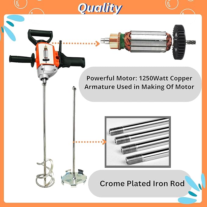 Swadesi krafts putty mixing machine blends mixture quickly and removes lumps paint mixer for painter, 1250 watt copper winded motor and crome-plated iron rod with paint mixing rod