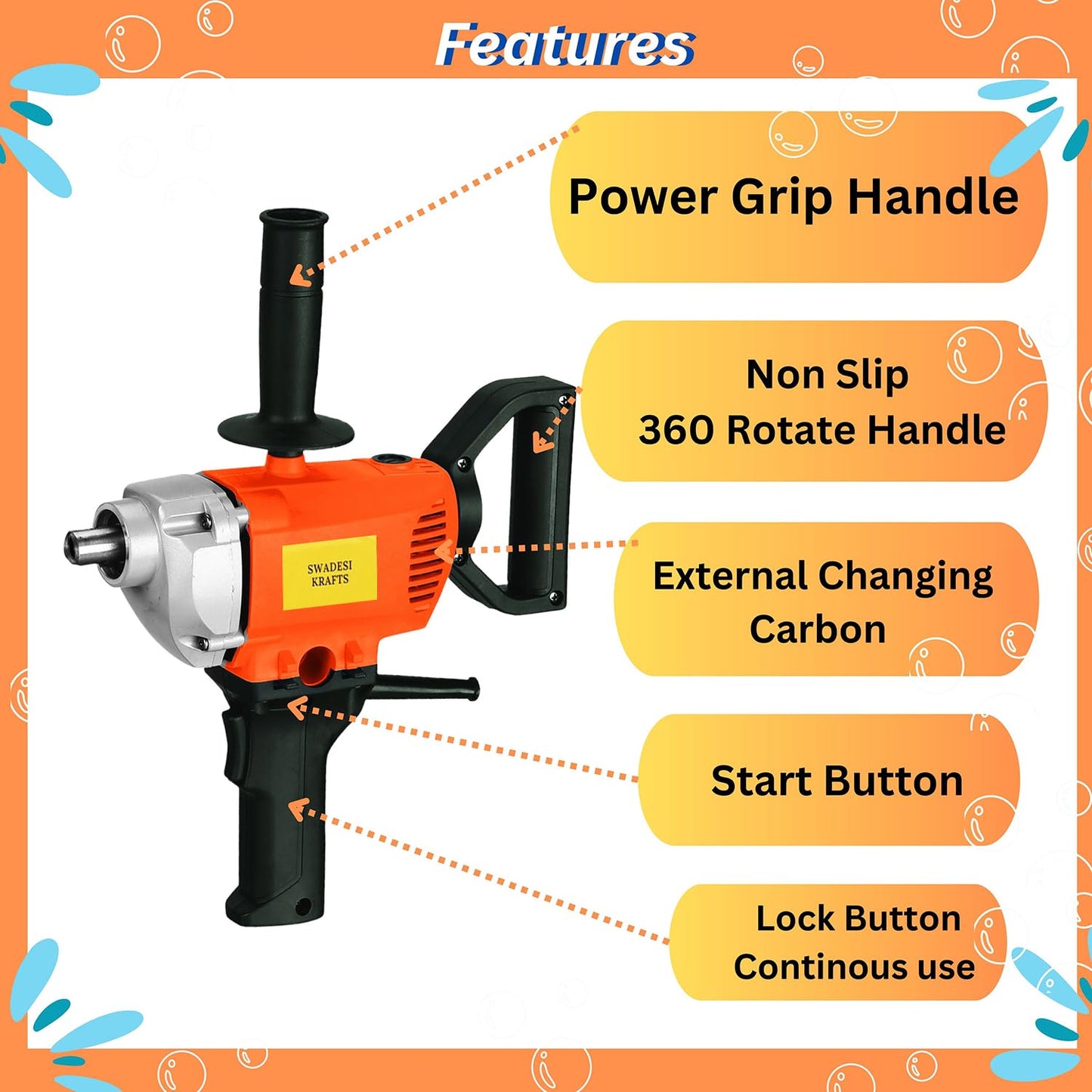 Swadesi krafts paint mixer machine blends mixture quickly and removes lumps painter tool, 1250 watt copper winded motor and crome-plated iron rod A6