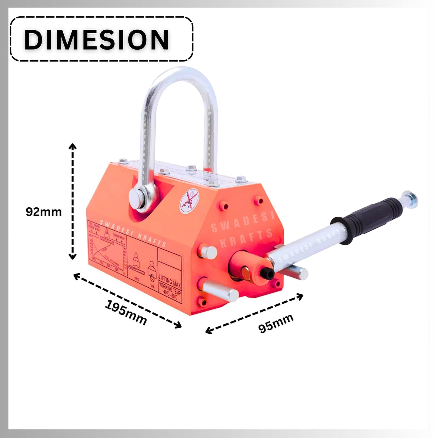 Heavy Duty Permanent Magnet Lifter Capacity 400 kg Height 92mm x length195mm x bottom95mm and the Magnet Lifting Hoist for Steel Plate with MS material for magnet lifter weight 9.3kg