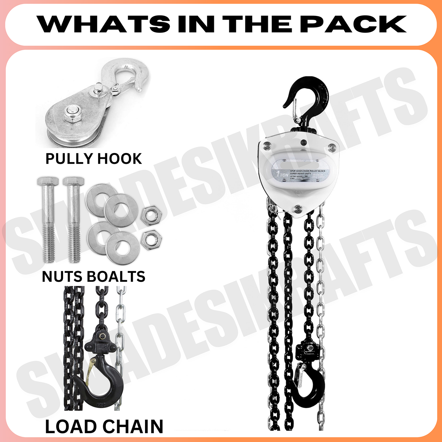 SWADESI KRAFTS BWSeries Chain Pulley Block 3ton Capacity Heavy Duty Single Fall Working Height 3meter Manual Hand Chain 10mm Load Chain 6mm Chain Block For Material Movement Hand Operating Chain Block