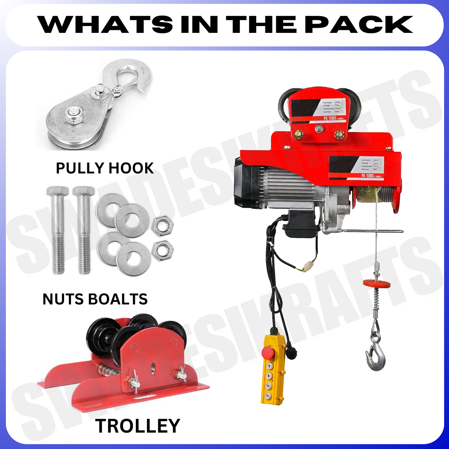 SWADESI KRAFTS PA 500kg 5mm 20Mtr Mini Electric Hoist for Material Handling 1.5hp Motor Single Phase | Winch Construction Mini Hoist 100% Copper Motor (Left & Right AND Up & Down)
