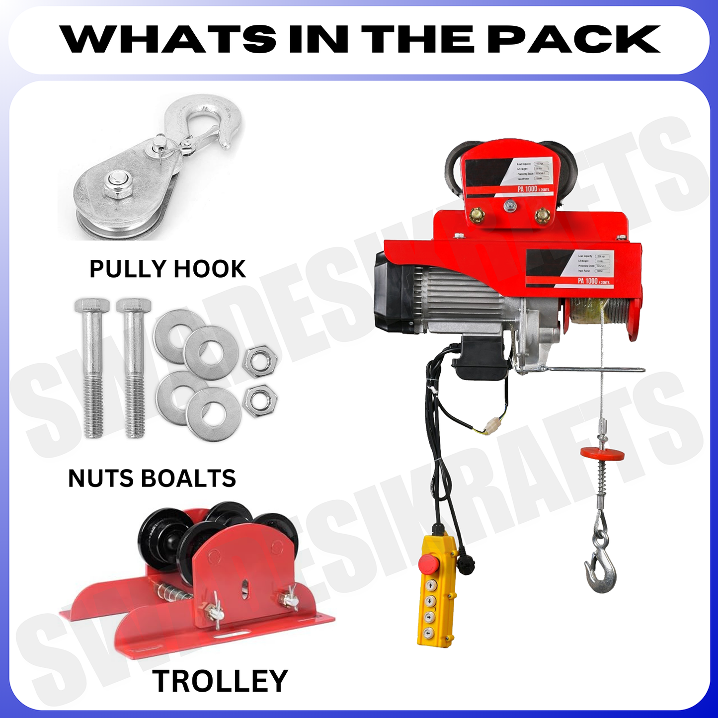 SWADESI KRAFTS PA1000kg 8mm 20Mtr Mini Electric Hoist for Material Handling 3hp Motor Single Phase | Winch Construction Mini Hoist 100% Copper Motor (Left & Right AND Up & Down)