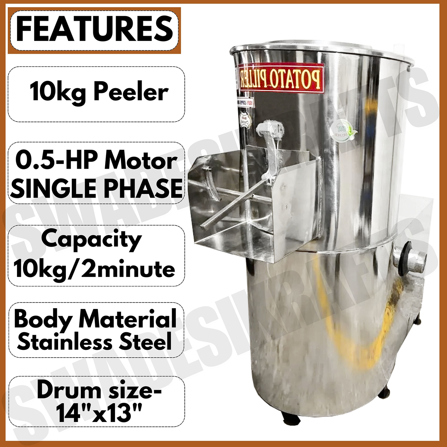 SWADESI KRAFTS 10Kg Automatic Potato Peeler Machine Electric Comes with 1-HP Motor Peel Potatoes, Beet Roots | Electric Peller for Vegetable Capacity 150-200kg/HR. A2