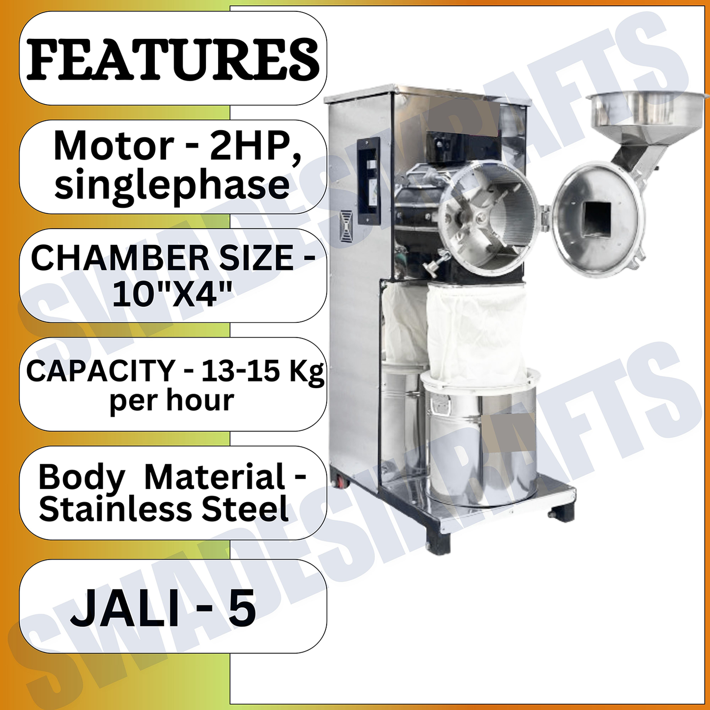 Swadesi Krafts Pulveriser Machine 2 Hp Stainless Steel Body with 2 Hp Motor Single Phase Pulveriser Machine Size 23”X14”X34” Inch (LXWXH) with 5 Jali Used for Mill Grains Like Wheat, Rice, and Spices