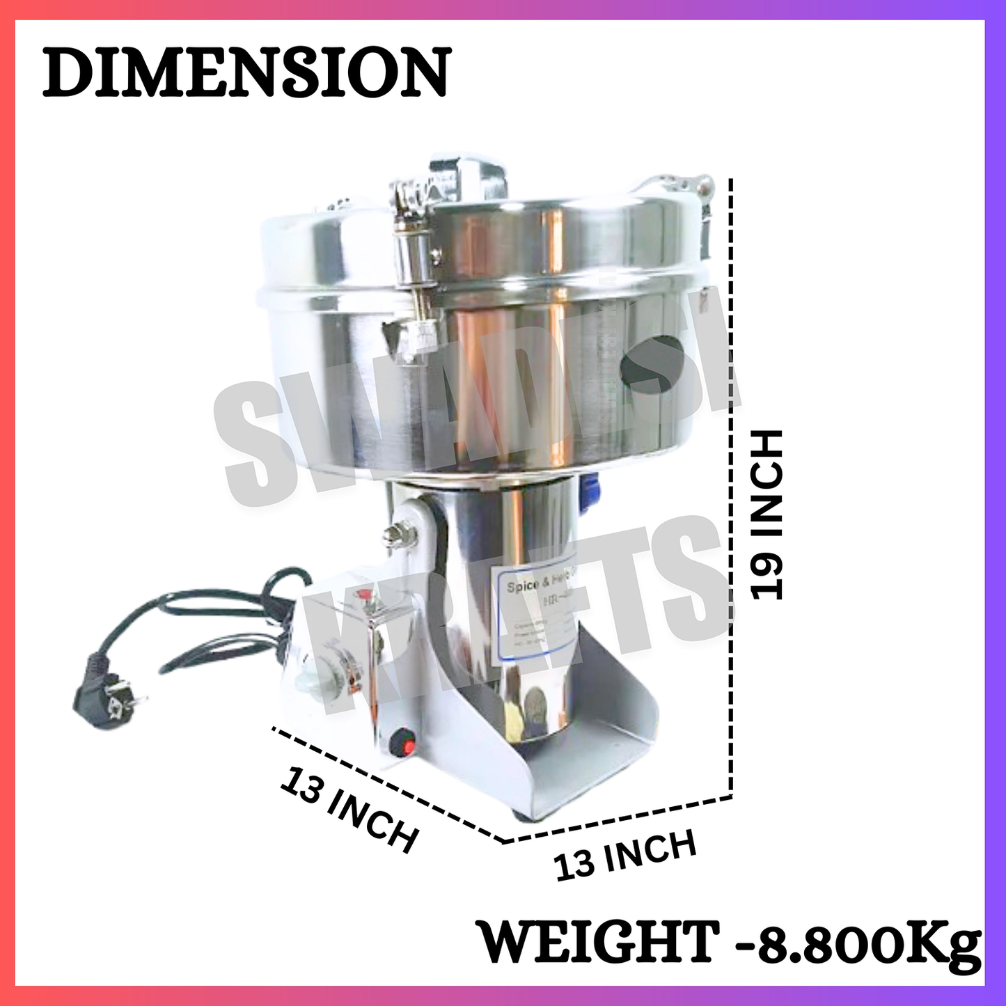 SWADESI KRAFTS Instant Masala Grinder Stainless Steel Body with 4000-Watt Motor Commercial Spice Grinder Size 13”X13”X19” Inch (LXWXH) is Used to Grinding Spices