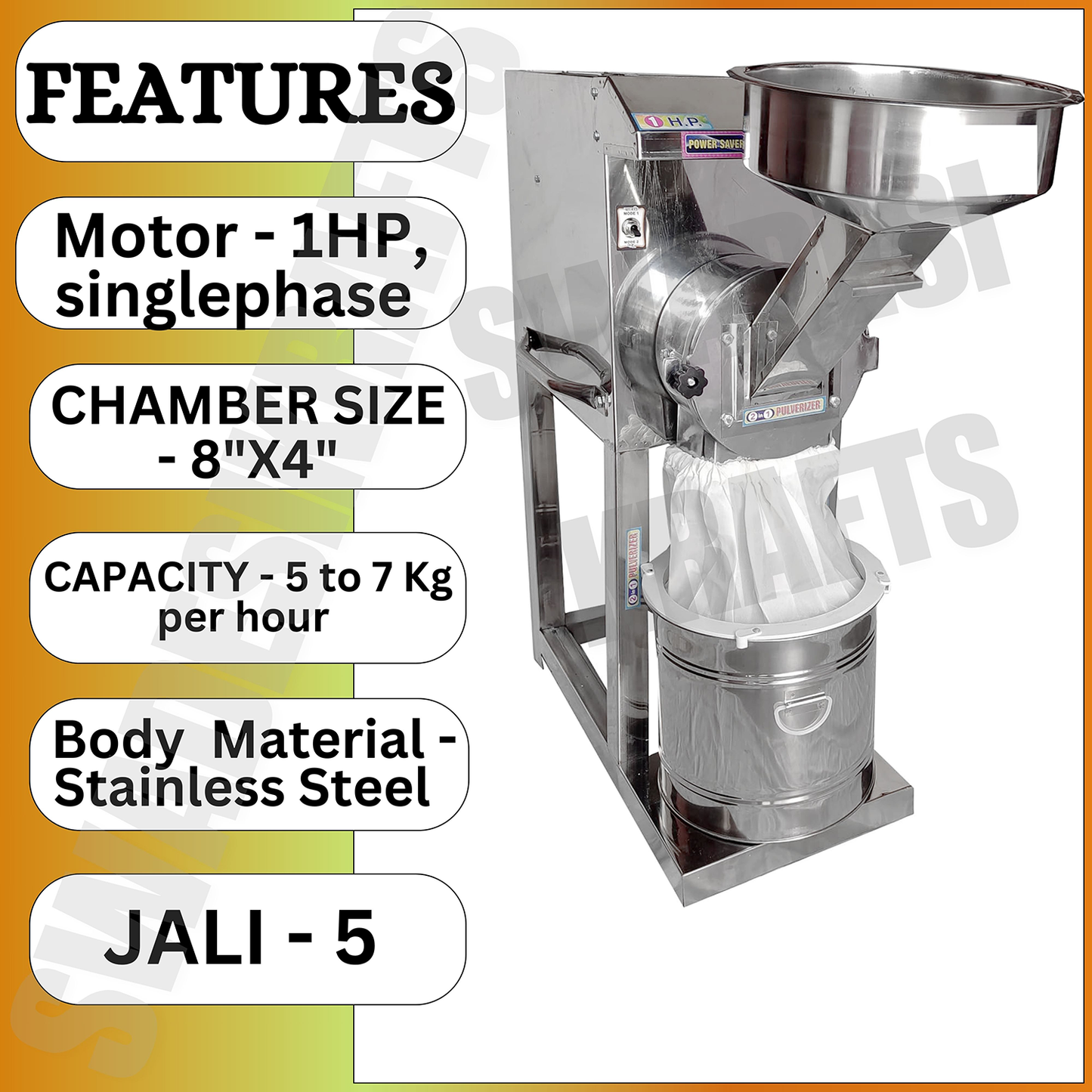 Swadesi Krafts Pulveriser Machine 1 Hp Stainless Steel Body with 1 Hp Motor Single Phase Pulveriser Machine Size 22”X13”X31” Inch (LXWXH) with 5 Jali Used for Mill Grains Like Wheat, Rice, and Spices