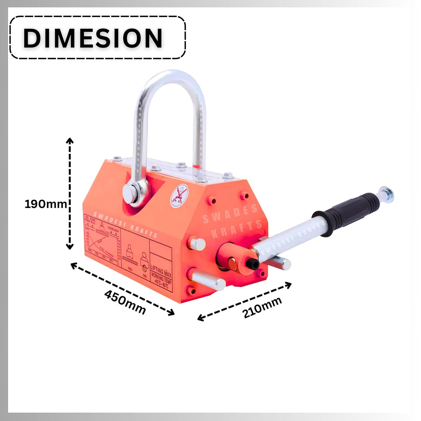 Heavy Duty Permanent Magnet Lifter Capacity 3000 kg Height 190mm x length450mm x bottom210mm and the Magnet Lifting Hoist for Steel Plate with MS material for magnet lifter weight 84kg