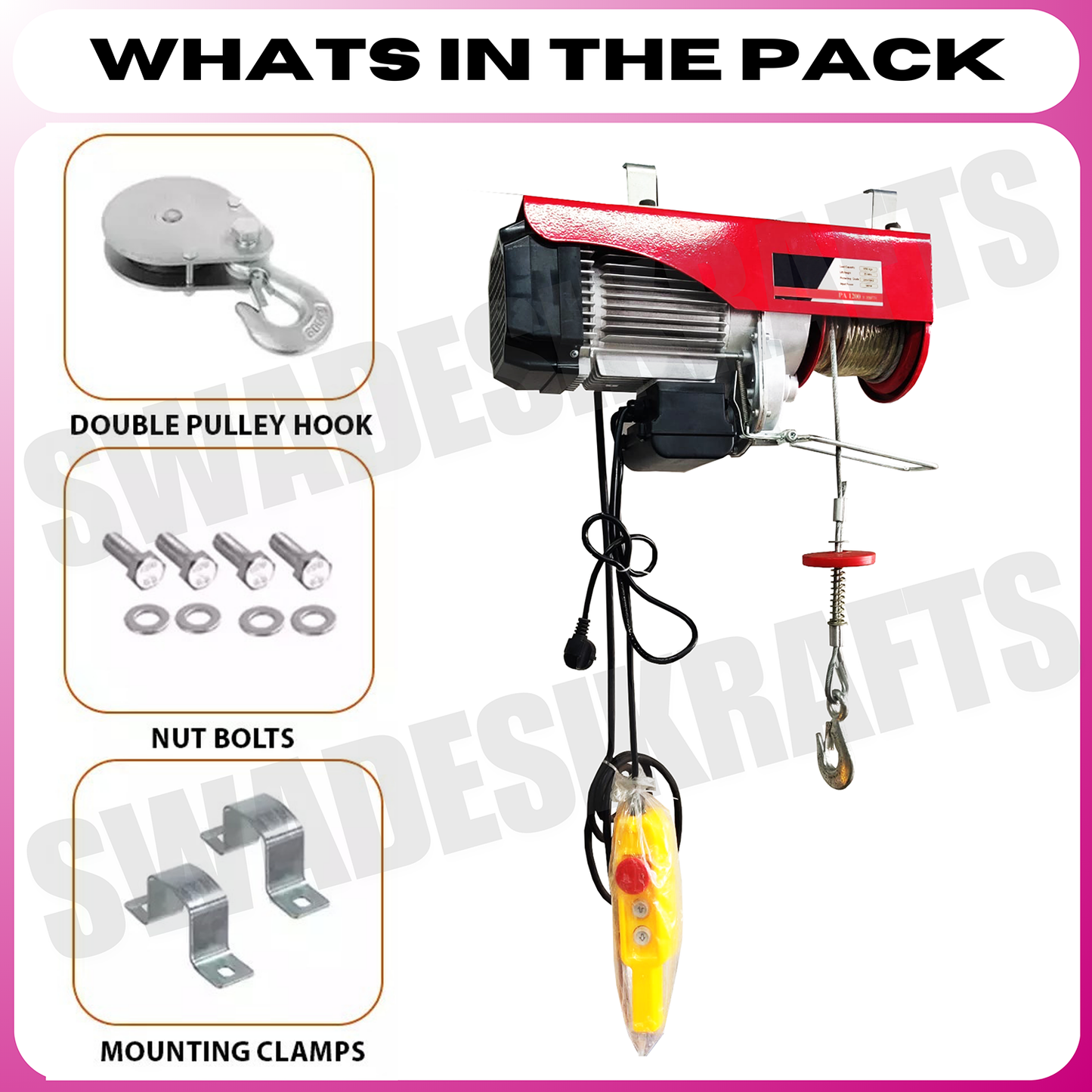 SWADESI KRAFTS 1.5hp PA 500kg 30 meter Mini Electric Hoist Material Handling With Copper Motor Single Phase | Winch Construction Mini Hoist Motor (Without Trolley)
