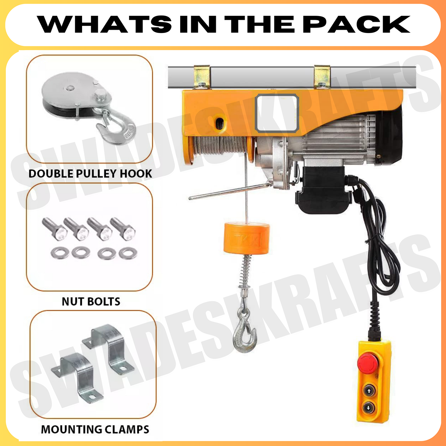 SWADESI KRAFTS 3hp PA 1000kg 20 Mtr 6mm wire Mini Electric Hoist for Heavy Material Handling With Copper Motor Single Phase | 6mm Wire Thickness | 20 meter wire Winch Construction Mini Hoist