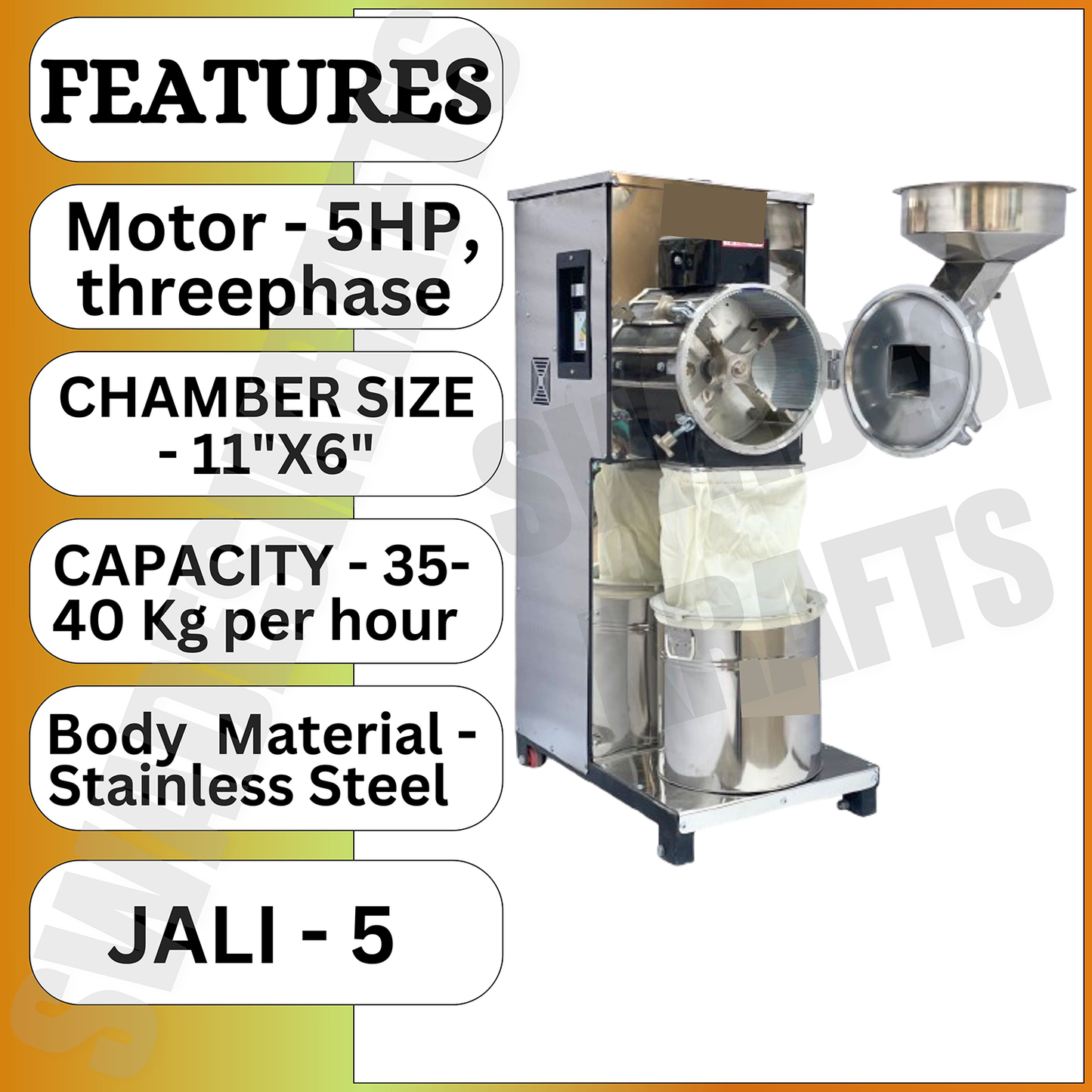 Swadesi Krafts Pulveriser Machine 5 Hp Stainless Steel Body with 5 Hp Motor Three Phase Pulveriser Machine Size 28”X20”X48” Inch (LXWXH) with 5 Jali Used for Mill Grains Like Wheat, Rice, and Spices