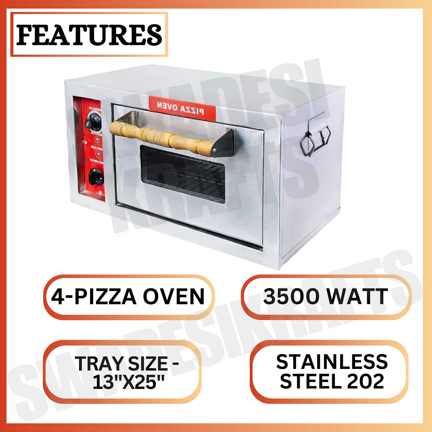 SWADESI KRAFTS stainless steel 202 pizza oven commercial use with 3500 watts, 13” x 25” inch, 4 pizza – 8-inch, best pizza oven size 17”x36” inch (LXW) and 18” inch height, its use crispy up pizza
