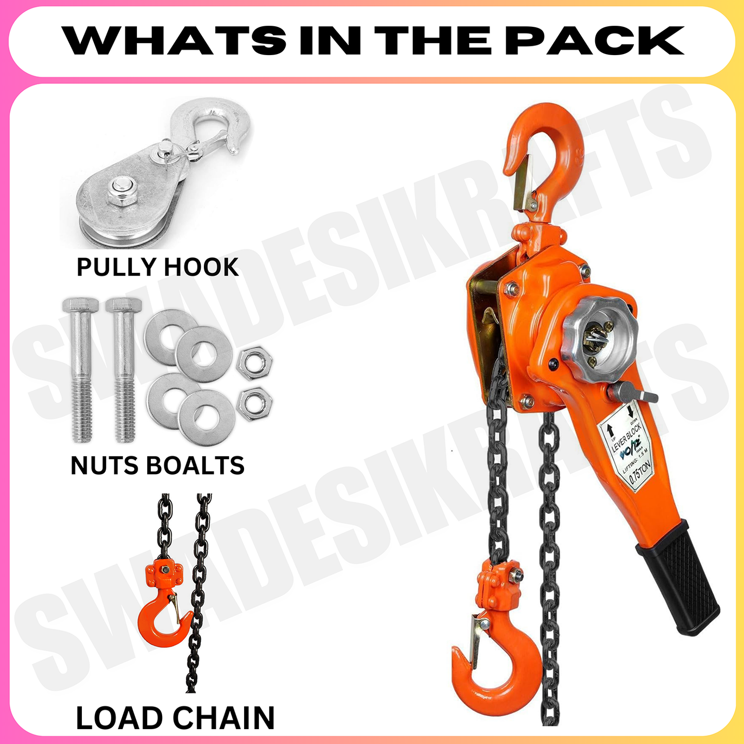SWADESI KRAFTS Manual Ratchet Lever Hoist 6 ton Capacity HeavyDuty Single Fall Working Height 3meter Load Chain 10mm Chain hoist Lever Block Ratchet Puller Hoist with Overload Material Movement hoist