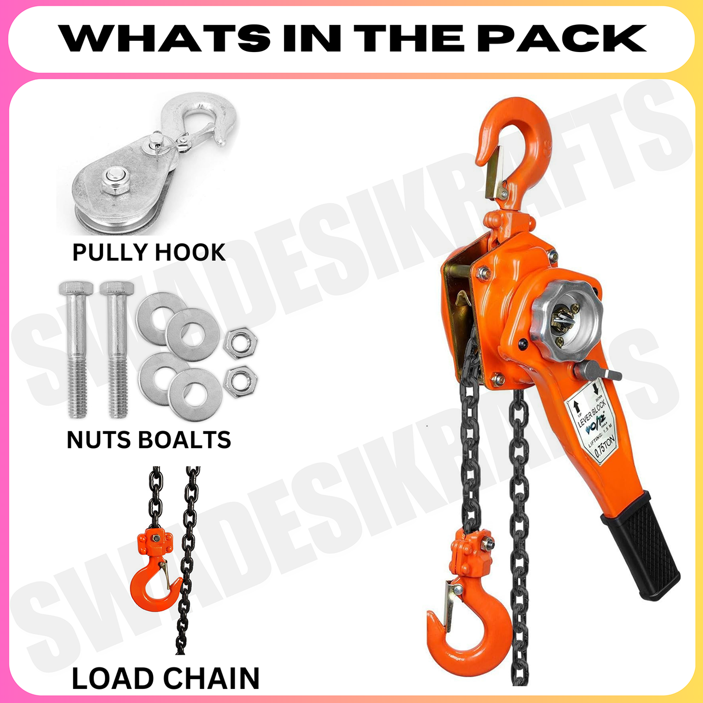 SWADESI KRAFTS Manual Ratchet Lever Hoist 750 kg Capacity Heavy Duty Single Fall Working Height 3meter Load Chain 6mm Chain hoist Lever Block Ratchet Puller Hoist with Overload Material Movement hoist
