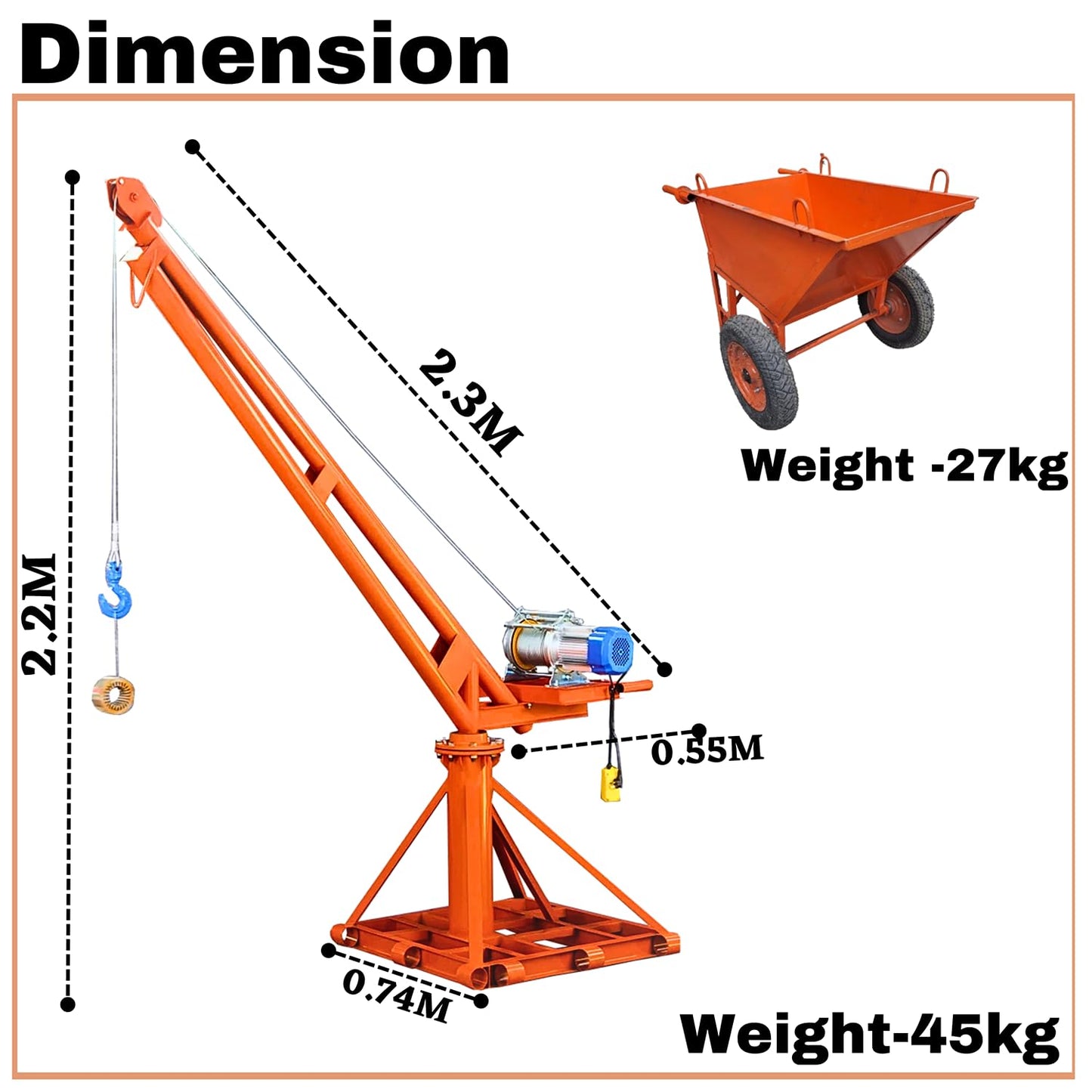 SWADESI KRAFTS Electric Mini Lifting Crane with 4HP Electric Motor with Trolly | 8mm Wire Thickness | 40 Meter Length of the Wire and 85-90kg Frame | Mini Crane Scale 500kg