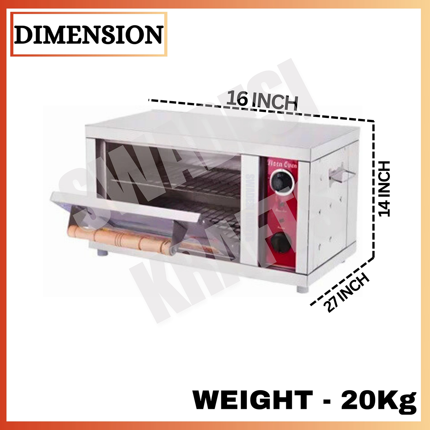 SWADESI KRAFTS stainless steel 202 pizza oven commercial use with 3000 watts, 10” x 16” inch, 4 pizza – 7-inch best pizza oven size 16”x27” inch (LXW) and 14” inch height, its use crispy up pizza