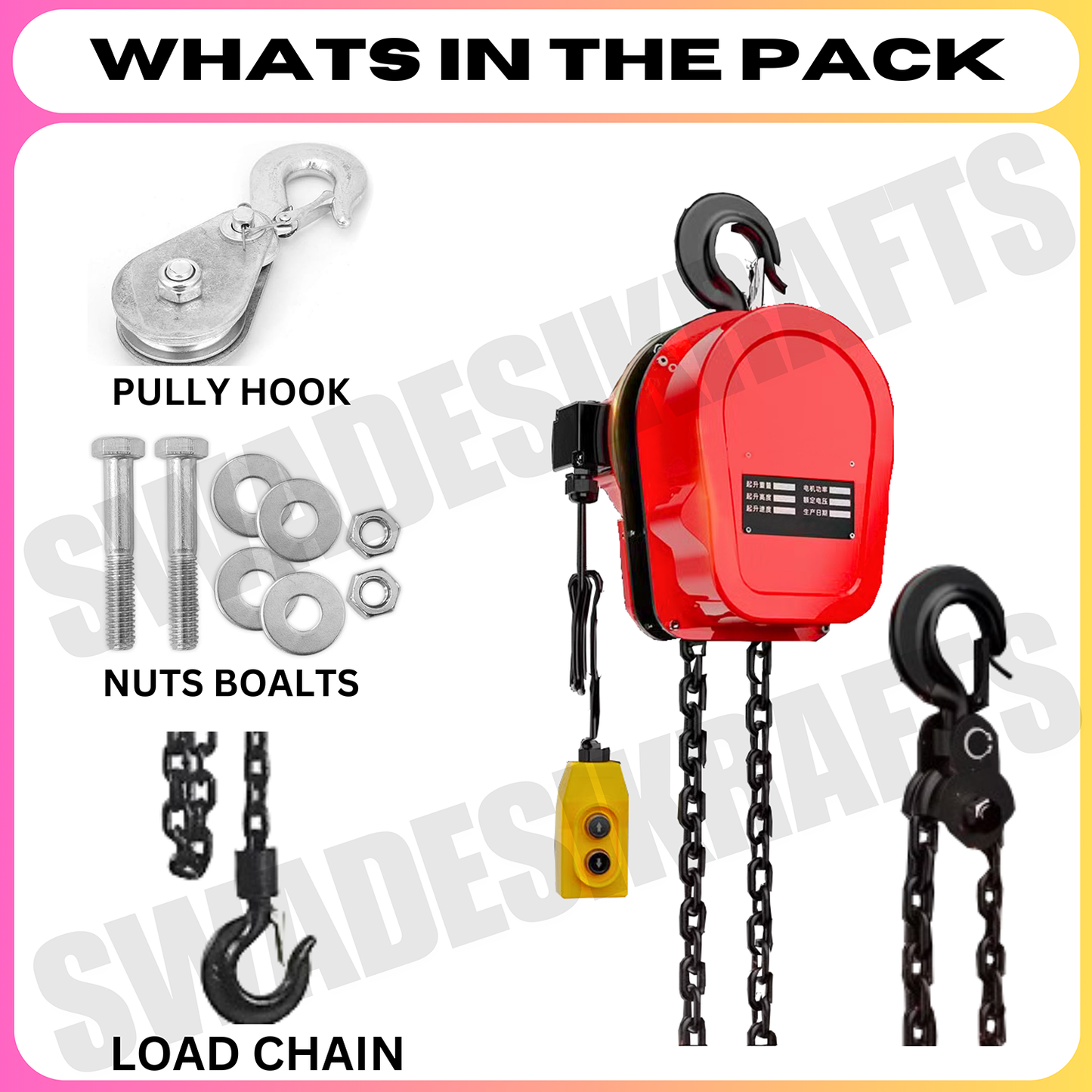 SWADESI KRAFTS 2HP DHY Three phase Electric Chain Hoist 5Ton Capacity Heavy Duty Double Fall Working Height 3meter Load Chain 10mm Lifting Speed 1.1meter/min with 500w Motorized Chain Pulley Block.