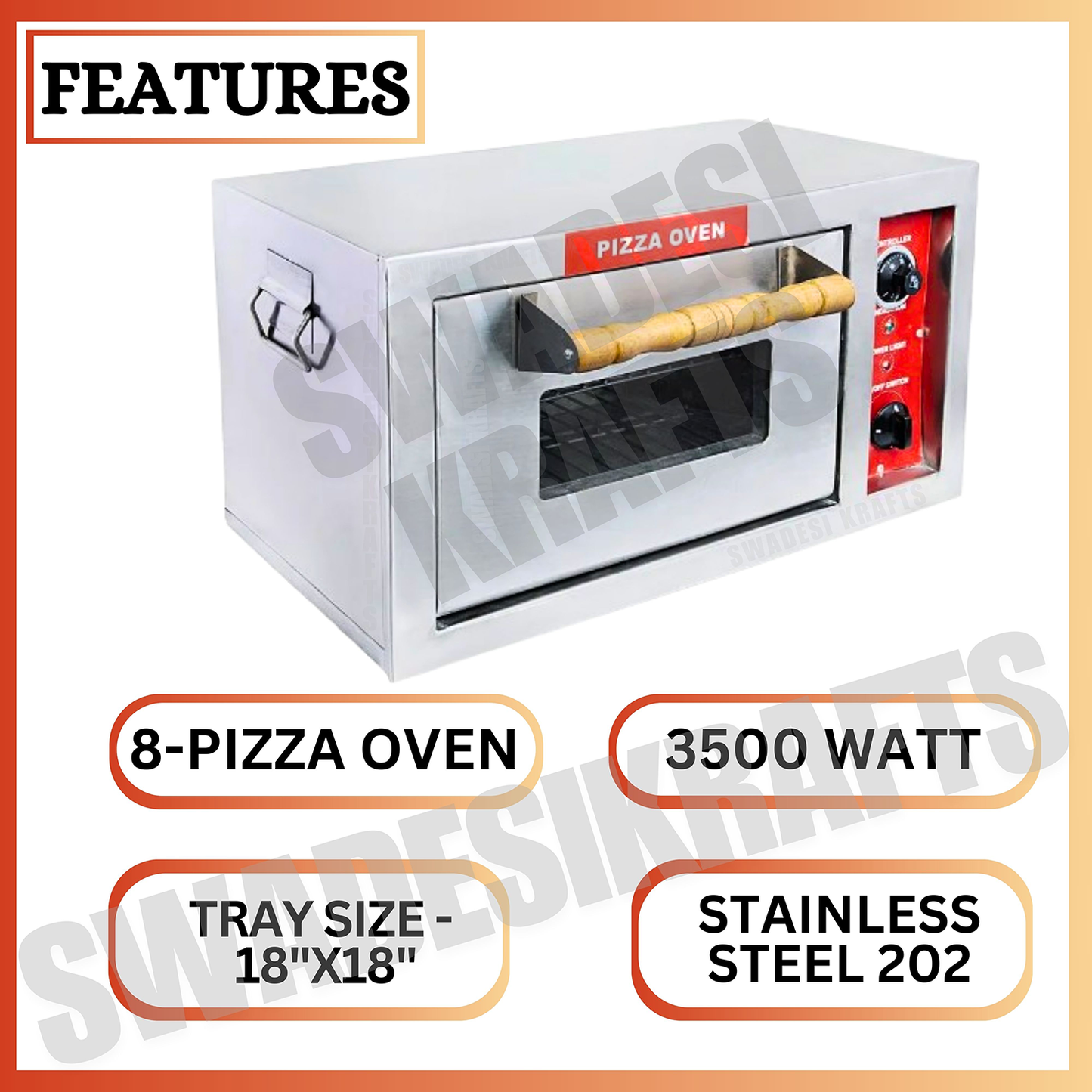 SWADESI KRAFTS stainless steel 202 pizza oven commercial use with 3500 watts, 18” x 18” inch, 8 pizza – 8-inch, best pizza oven size 22”x30” inch (LXW) and 18” inch height, its use crispy up pizza