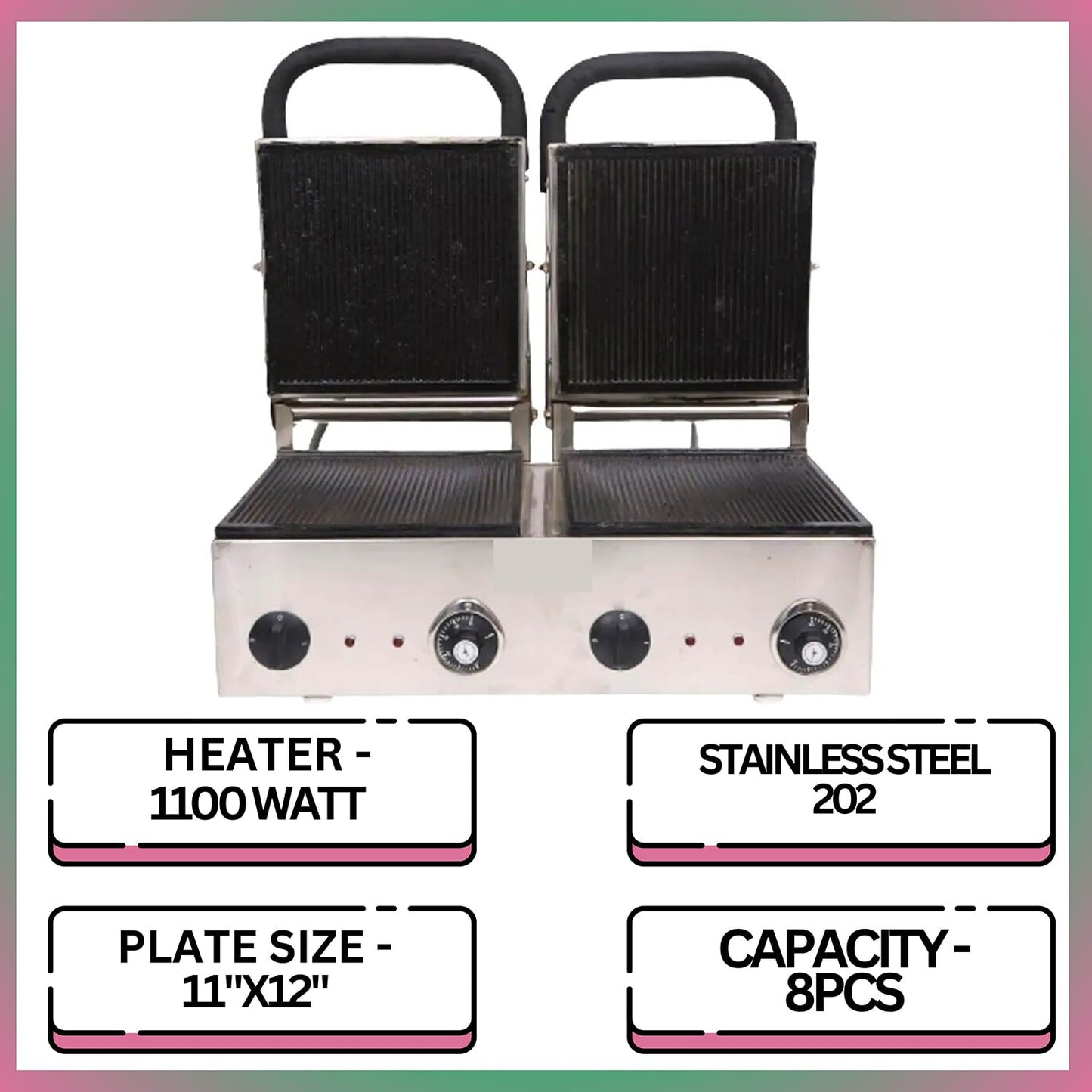 SWADESI KRAFTS Stainless Steel 202 Double Sandwich Griller 1100-Watt 4 Heater| Double Sandwich Maker 11”X12” Inch 8pcs Sandwich | Size 18”X25”X11” Inch (LXWXH)