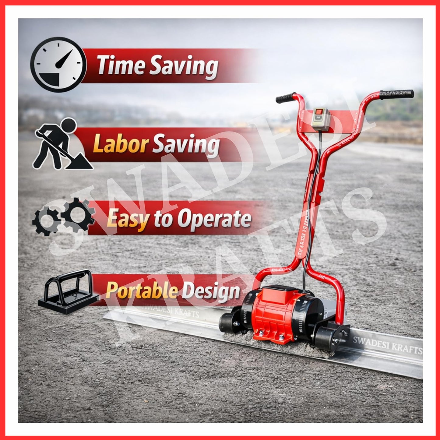 Electric Concrete Screed Vibrator Machine with 0.5 HP Motor | 2mtr Aluminium Surface Leveling Tool | Portable Power Screed for Road, Slab & Floor Finishing | Heavy Duty Construction Equipment