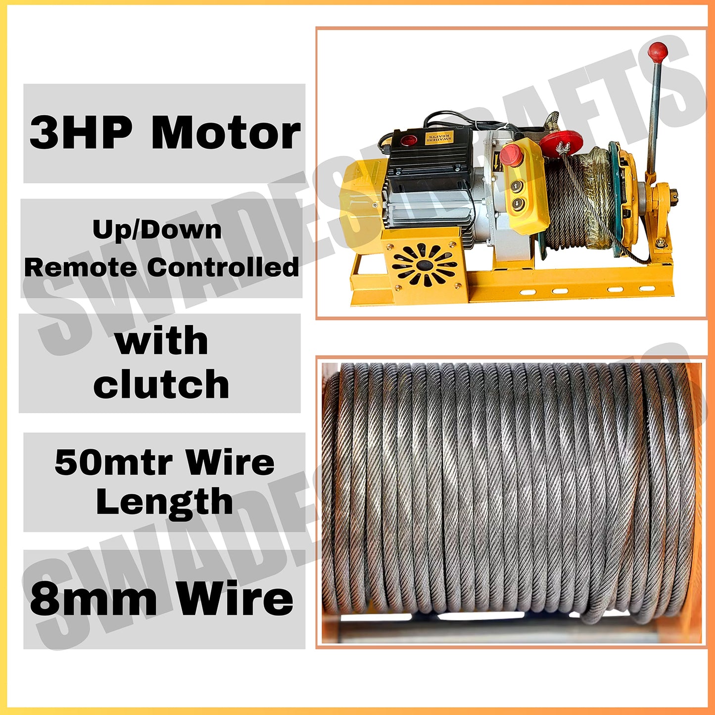 SWADESI KRAFTS Electric Mini Lifting Crane with 3HP Electric Motor with 2-Trolly | 8mm Wire Thickness | 50 Meter Length of the Wire and 95kg Frame | Mini Crane Scale 800kg