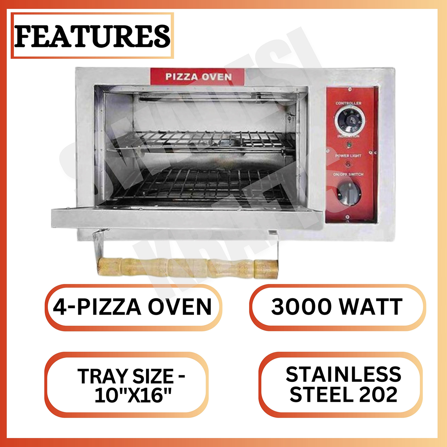SWADESI KRAFTS stainless steel 202 pizza oven commercial use with 3000 watts, 10” x 16” inch, 4 pizza – 7-inch best pizza oven size 16”x27” inch (LXW) and 14” inch height, its use crispy up pizza