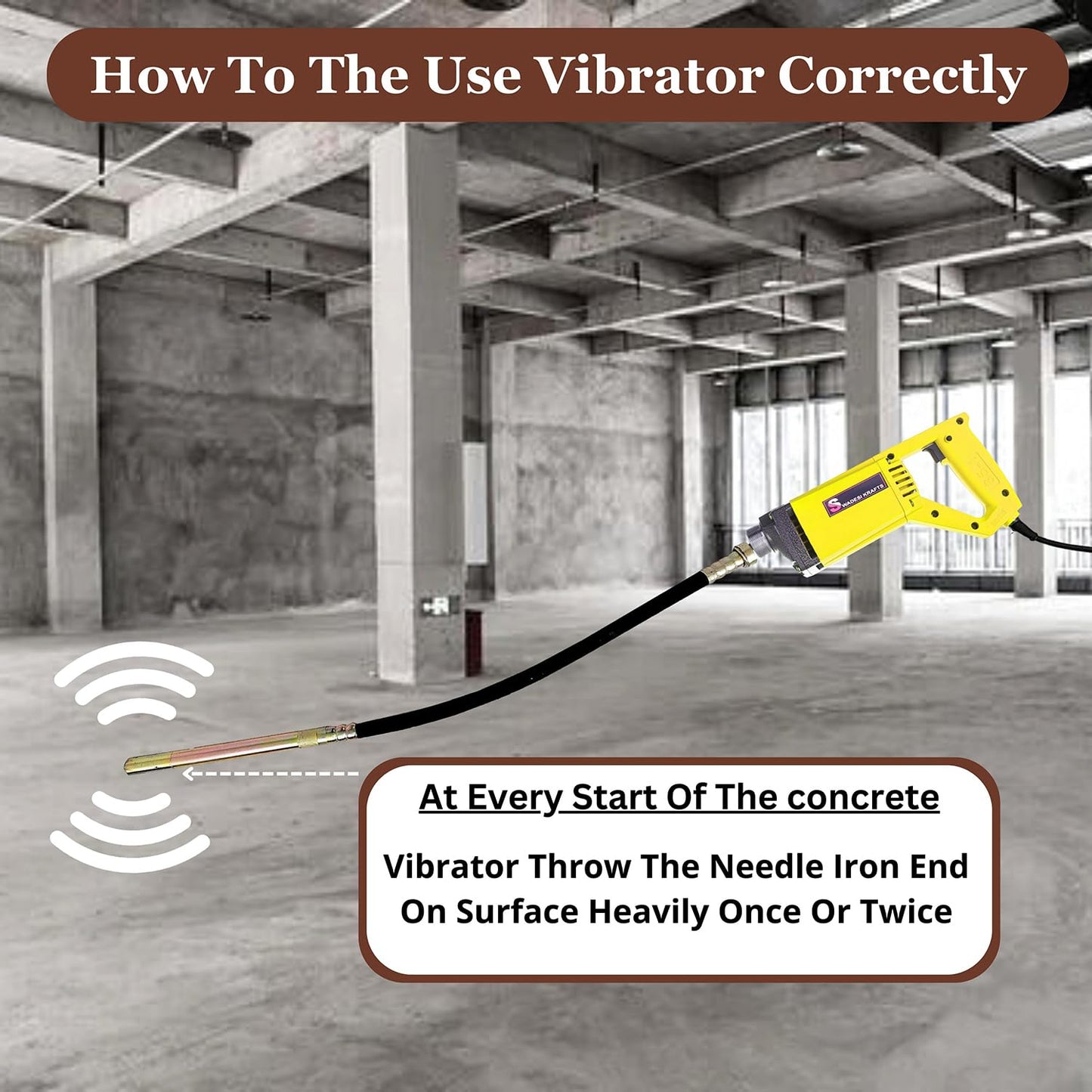 SWADESI KRAFTS 1310-wt Electric Concrete Vibrator removes lanter's trapped air,13000rpm copper winded motor with a wire braided 3mtr needle