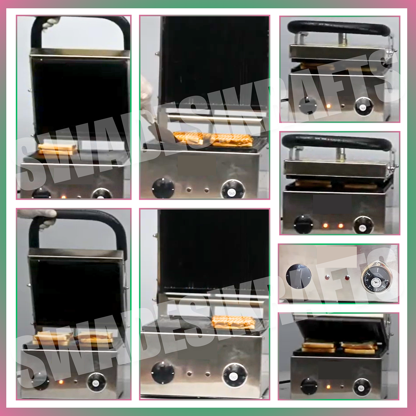 SWADESI KRAFTS Stainless Steel 202 Single Sandwich Griller 1100-Watt 2 Heater| Sandwich Grill Machine 11”X12” Inch 4pcs Sandwich |Size 18”X14”X10” Inch (LXWXH)