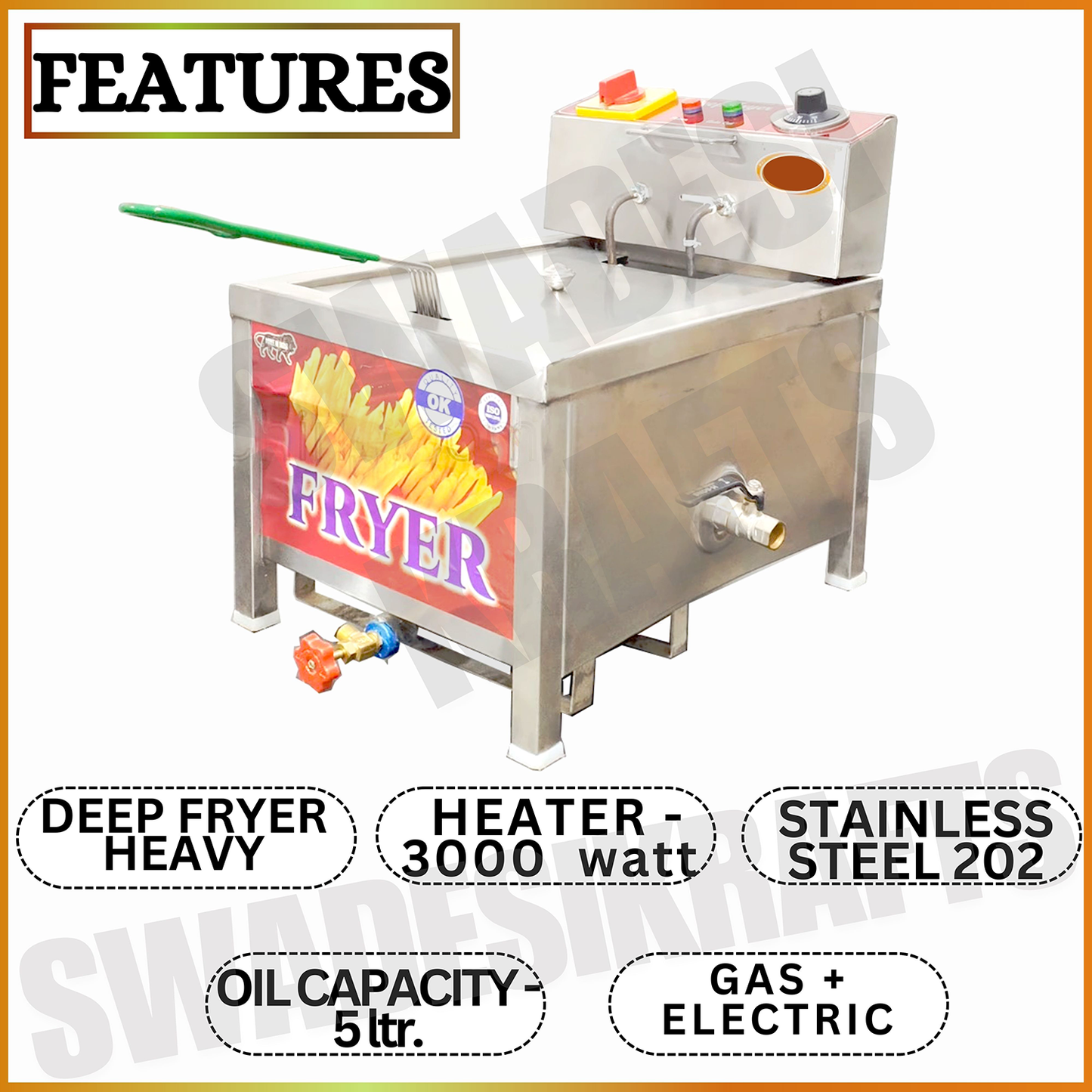 Swadesi Krafts Deep Fryer Machine Stainless Steel 202 Body With 3000-Watt Heater Automatic Deep Fryer Size 27”X16.5”X19” Inch (LXWXH) Used for Fry Samosa, French Fry, Bhature Etc
