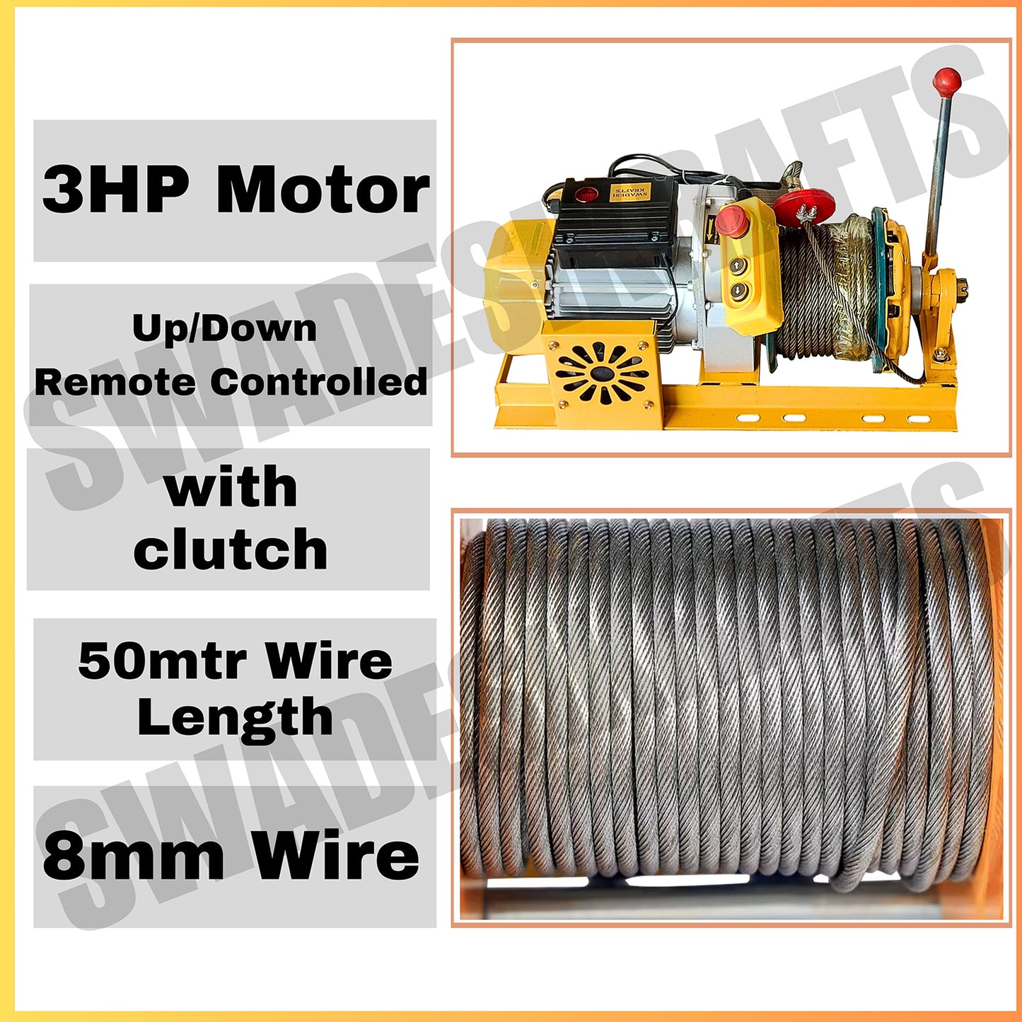 SWADESI KRAFTS Electric Mini Lifting Crane with 3HP Electric Motor with 2 Trolly | 8mm Wire Thickness | 50 Meter Length of the Wire and 60kg Frame | Mini Crane Scale 500kg
